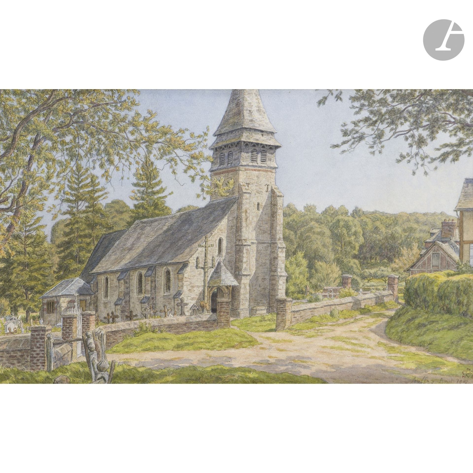 Henri RIVIÈRE (1864–1951)
The Church of Saint-Denis on the Road to Auffay, August 1927
Watercolor over graphite lines.
Signed and dated lower right. 
Artist’s stamp lower right (Lugt 4909).
26.5 x 42 cm