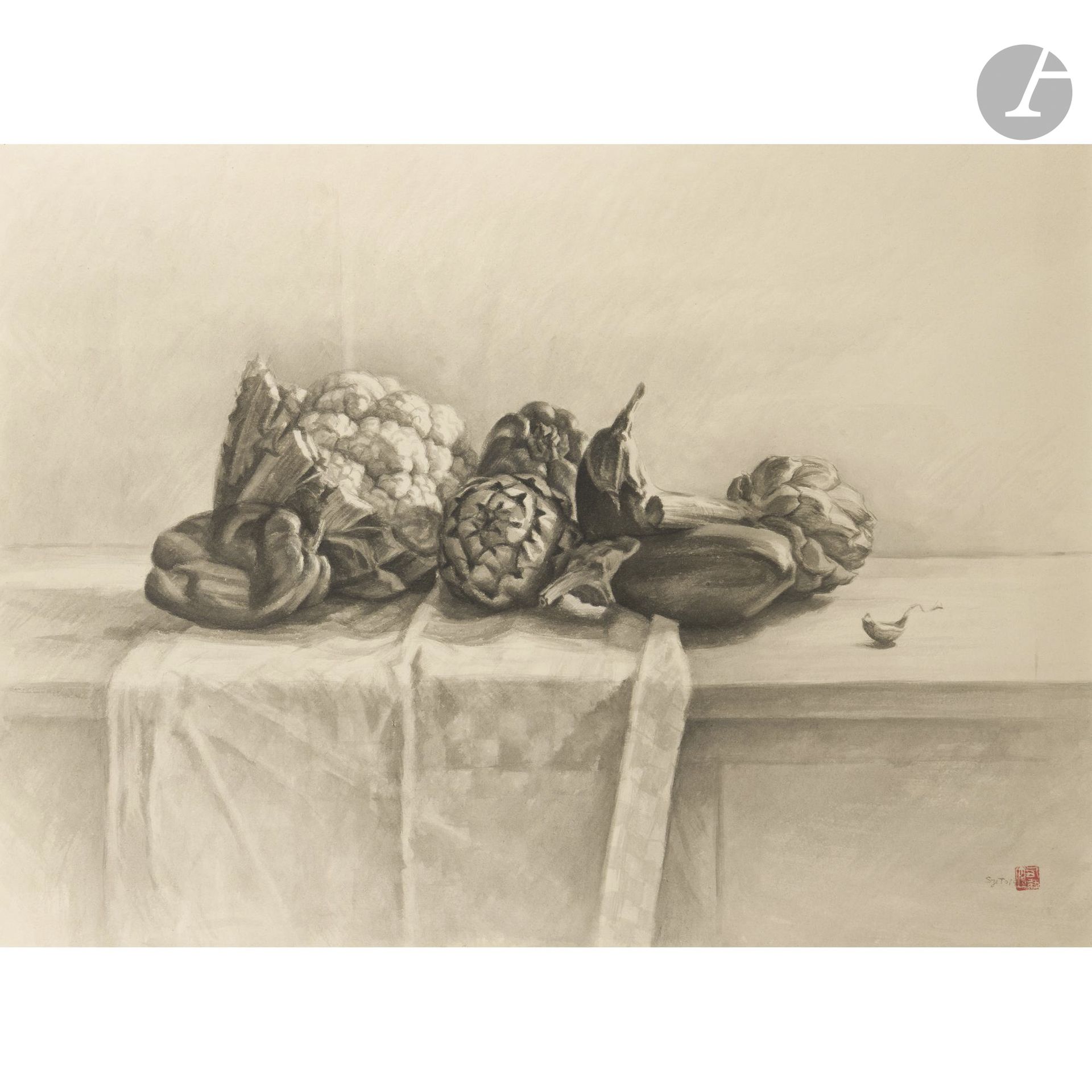 Lap SZETO (born 1949)
Still Life with Vegetables, 1982
Ink and ink wash.
Signed lower right.
Artist’s red stamp.
61 x 81 cm

Provenance: 
Galerie Claude Bernard, Paris (label on the back).