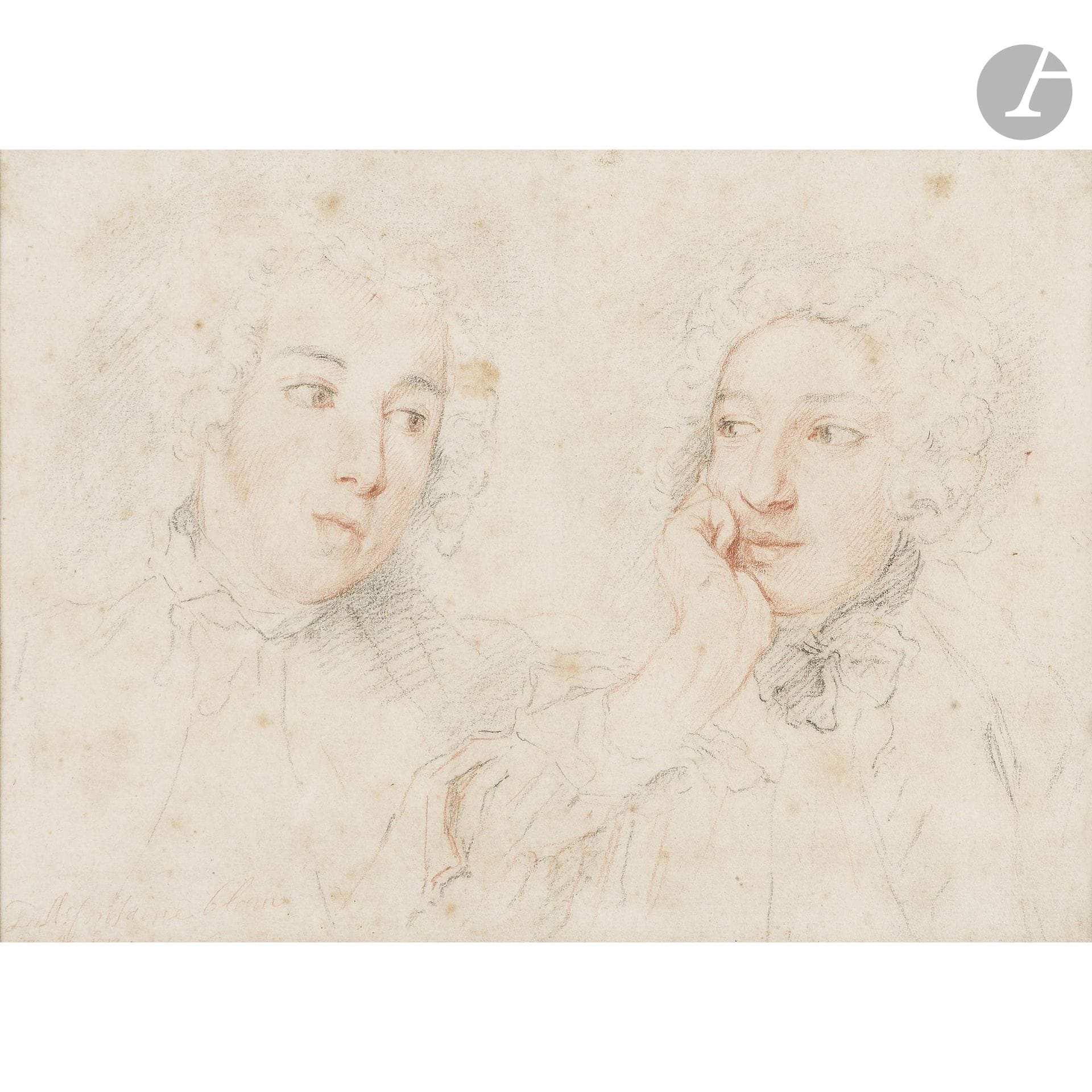 Attributed to Jacques-André PORTAIL (Brest 1695–Versailles 1759)
Double portrait of a man
Red chalk and black pencil.
Located and dated in red chalk in the lower left corner: “Fontainebleau, September 4, 1746.”
Original mounting label glued to the back of the frame with an inscription in red chalk: “To Mr. Bailly—his order has not yet been approved.”
(A few foxing spots).
15 x 21 cm
In an old carved wooden frame.

Provenance:
- Georges Ryaux Collection, Paris.
- His estate sale, Maître Hervé Chayette, Paris, Palais d’Orsay, October 24, 1979, no. 69.