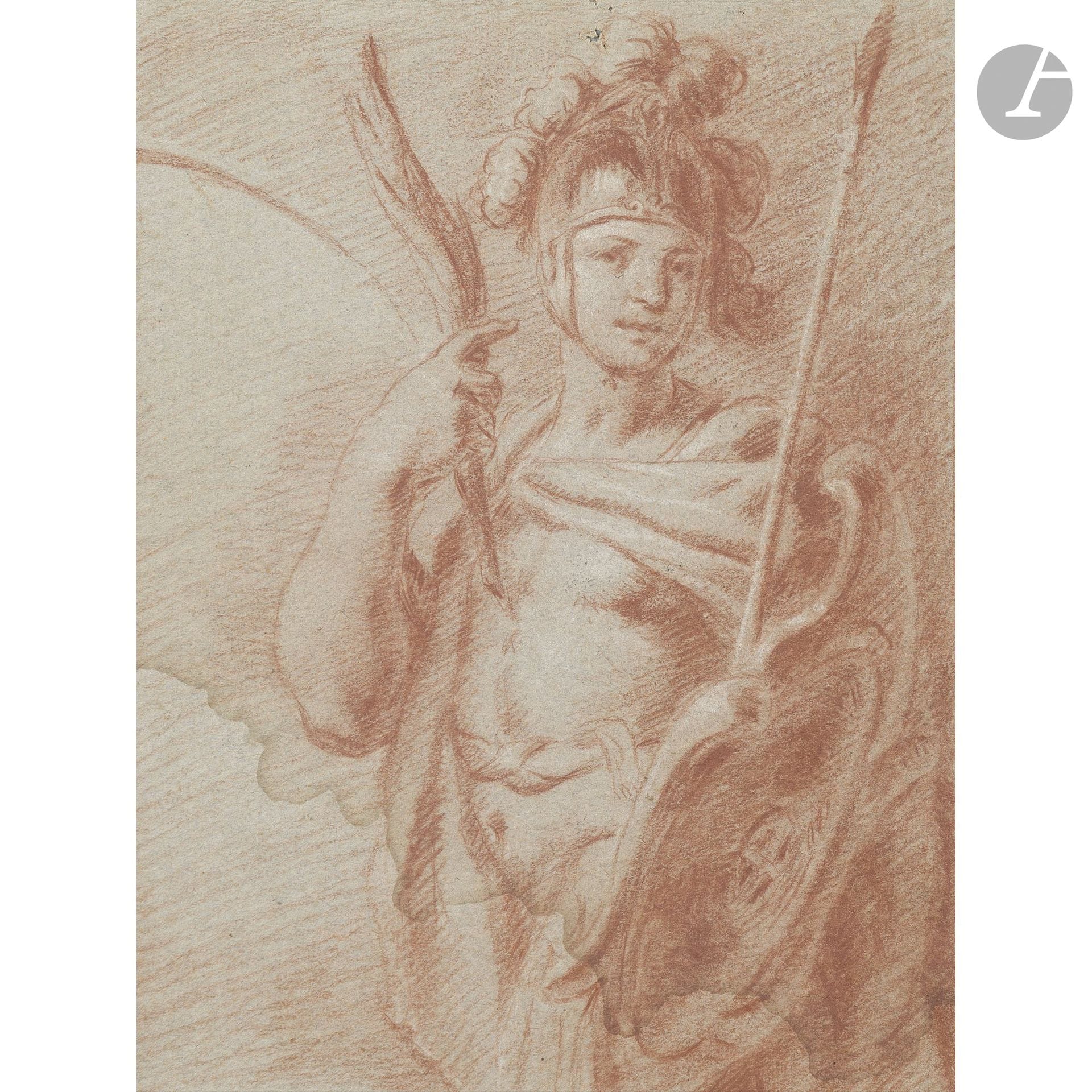 18th-Century ITALIAN SCHOOL
Martyred Soldier 
Red chalk, with white chalk highlights and blending on formerly blue paper.
(Water stains at the bottom, small holes at the top, slightly sun-faded).
27.3 x 21 cm