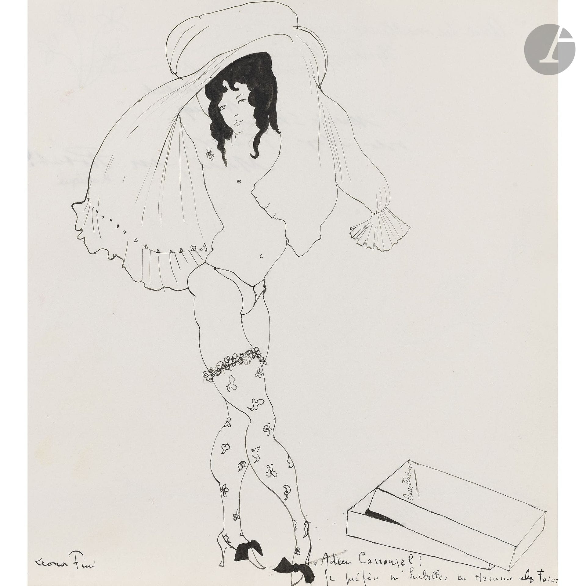 Leonor FINI (1908–1996)
“Farewell, Carrousel! I’d rather dress like a man at Faivret.”
Ink.
Signed lower left.
Titled in the lower right corner. 
On the reverse, dedications in other handwriting show through slightly on the front.
26.5 x 23.6 cm