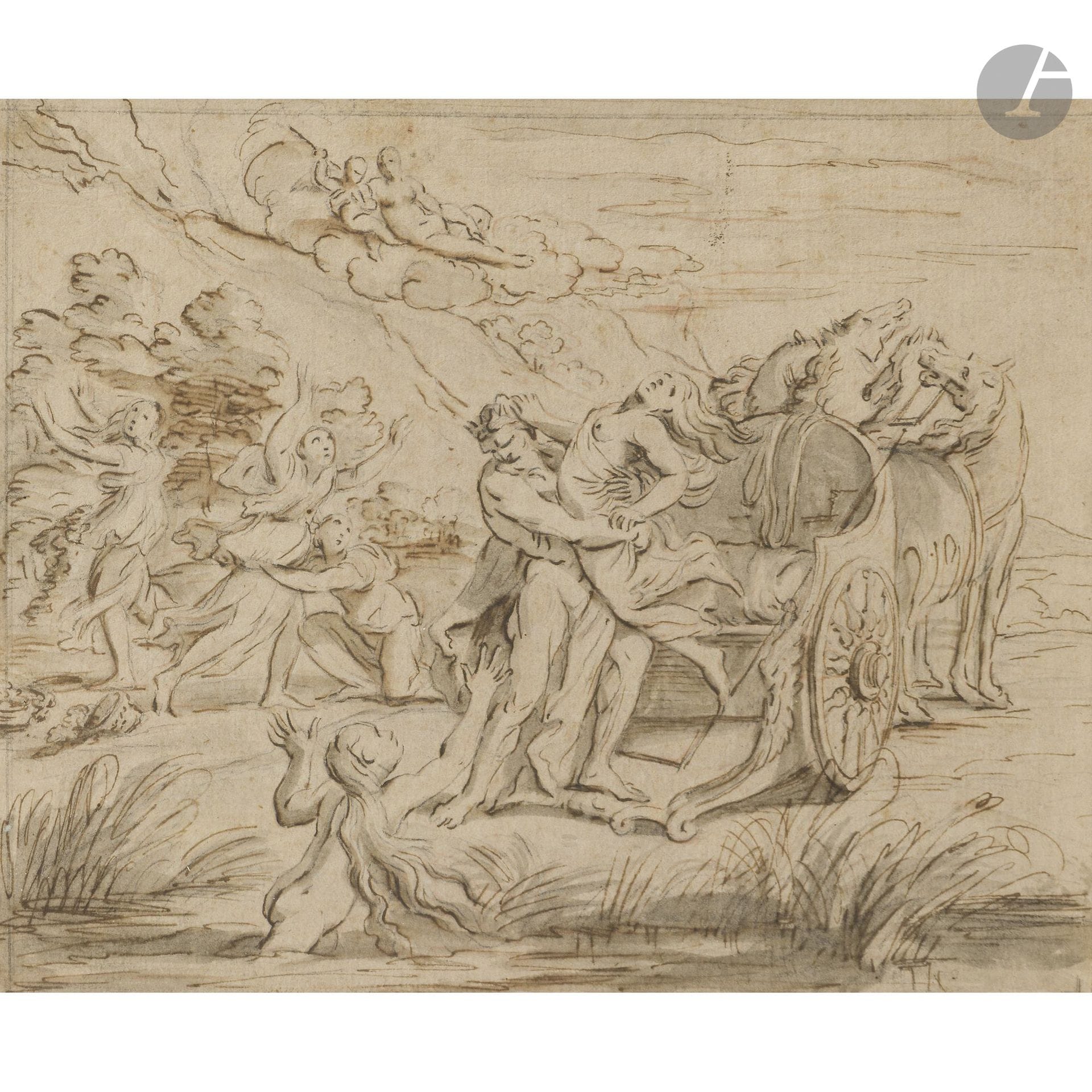 Attributed to Nicolas MIGNARD 
(Troyes 1606 – Paris 1668)
Mythological scene 
Pen, brown ink, and gray wash over black pencil lines.
(Fold; outlines traced with a stylus).
17 x 20 cm

Provenance:
Piasa auction, June 19, 2003, lot 72.