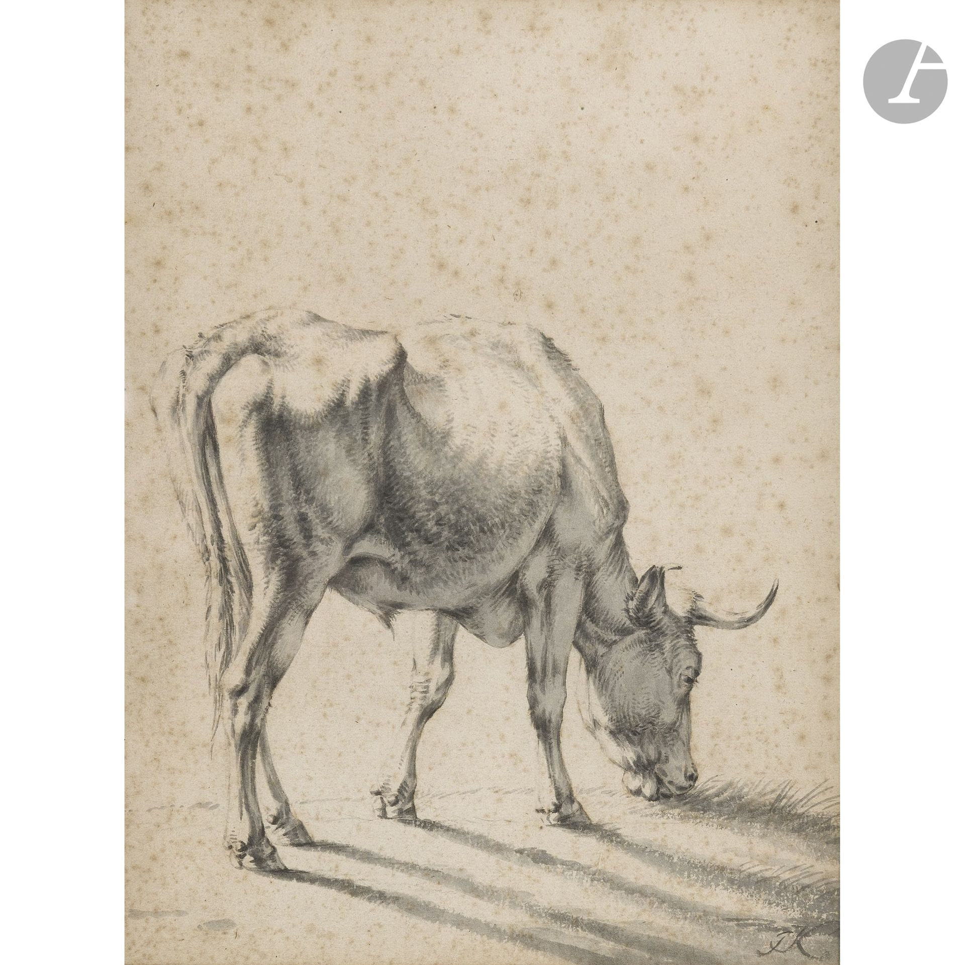 18th-Century DUTCH SCHOOL
Cow
Pen, gray ink, and gray wash.
Monogrammed “JK” in the lower right corner.
(Numerous foxing spots).
28.5 x 21.5 cm