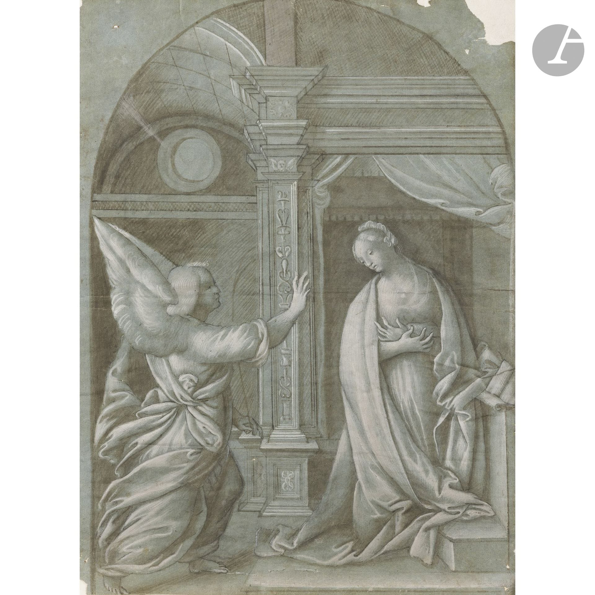 Attributed to Bernardino LANINO (Mortara, c. 1512 – Vercelli, 1583)
The Annunciation 
Pen, brown and black inks, brown wash over black pencil lines, and highlights in white gouache on blue paper.
(Missing sections along the edges and in the upper right corner; creases on the right; tear at the bottom; small holes; sun-faded; small stains).
53 x 37 cm
