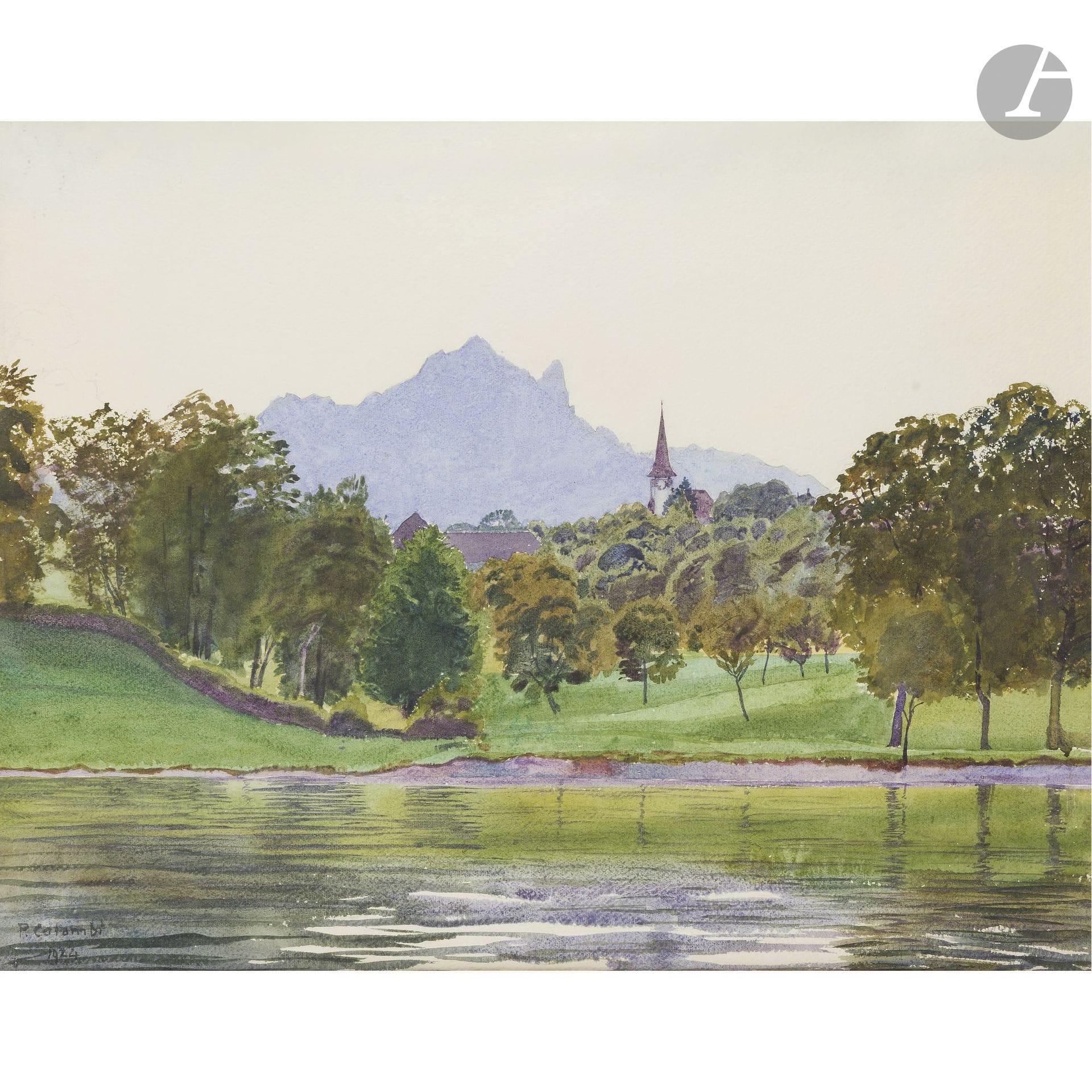 Plinio COLOMBI (1873–1951)
Landscape by a Lake, 1924
Watercolor.
Signed and dated lower left.
52 x 68 cm