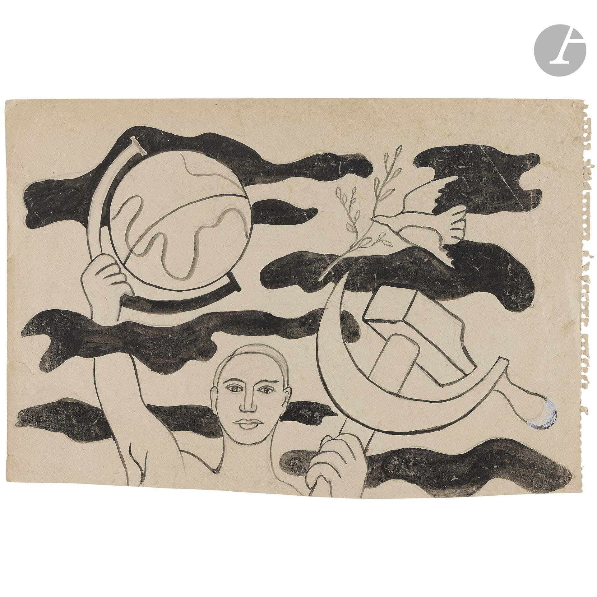 Nadia KHODOSSIEVITCH-LÉGER (1904–1982)
The Man with the Sphere, Hammer, and Sickle
Ink and ink wash on notebook page.
Unsigned.
24 x 35 cm

A certificate from the Nadia Léger Committee may be provided upon request and at the purchaser’s expense.