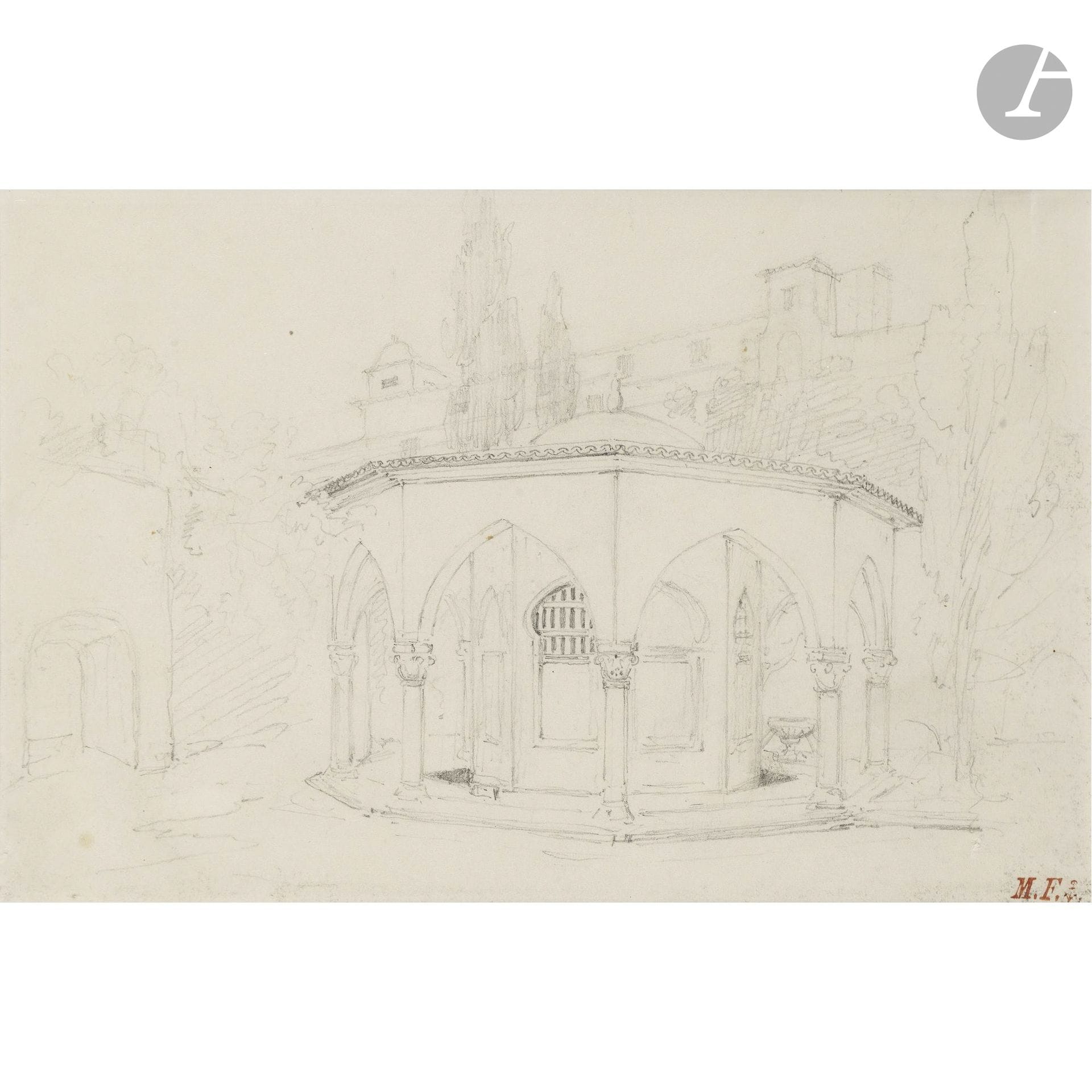 Léon MOREL-FATIO 
(Rouen 1810 – Paris 1871)
Fountain at the Great Mosque of Oran – Alley in Algiers
Two graphite pencils and watercolors.
Monogram stamp in the lower right corner.
13 x 20 cm each