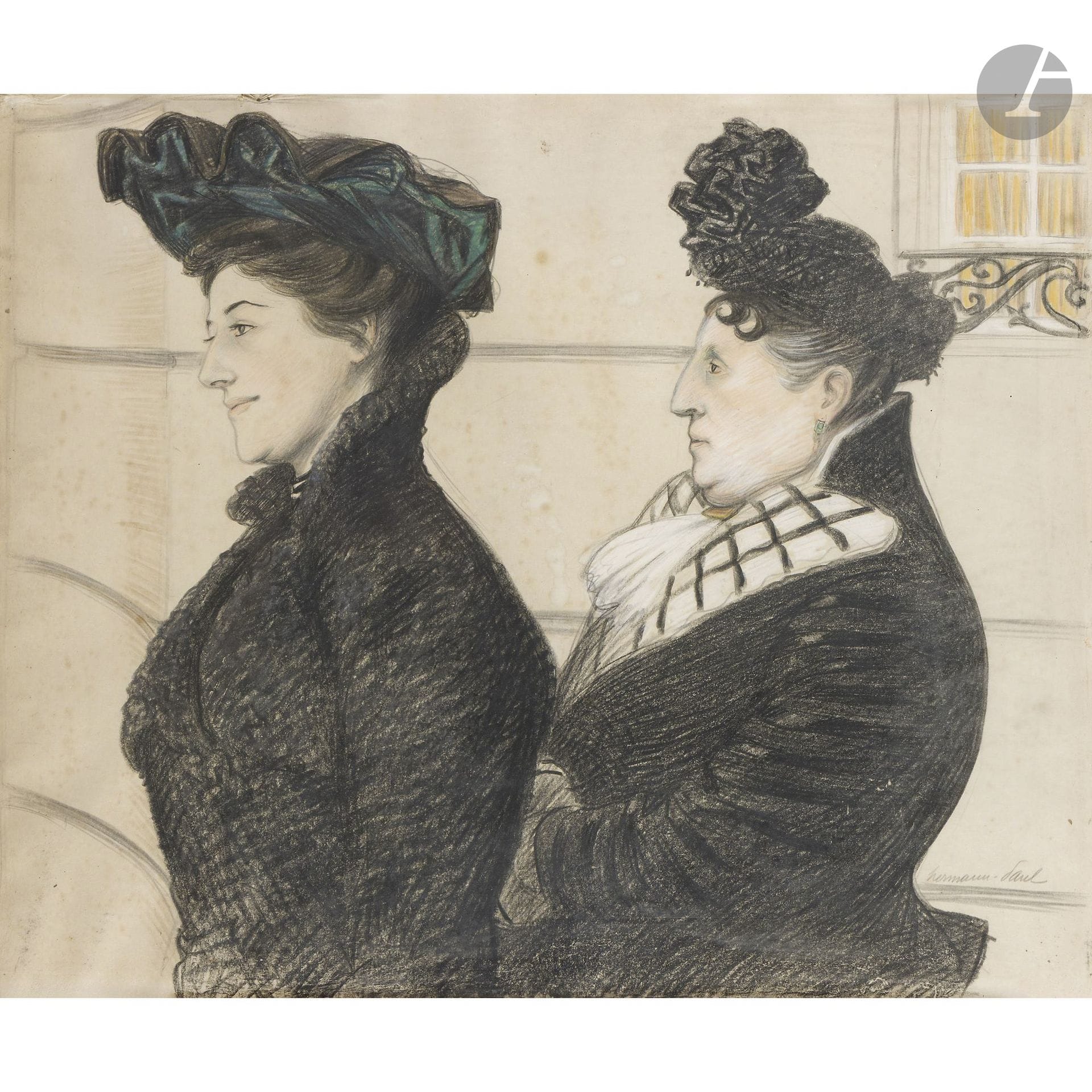René-Georges Hermann, known as HERMANN-PAUL (1864–1940)
Two Elegant Women
Black pencil and colored pencils.
Signed lower right.
(Age spots).
56.5 x 70 cm