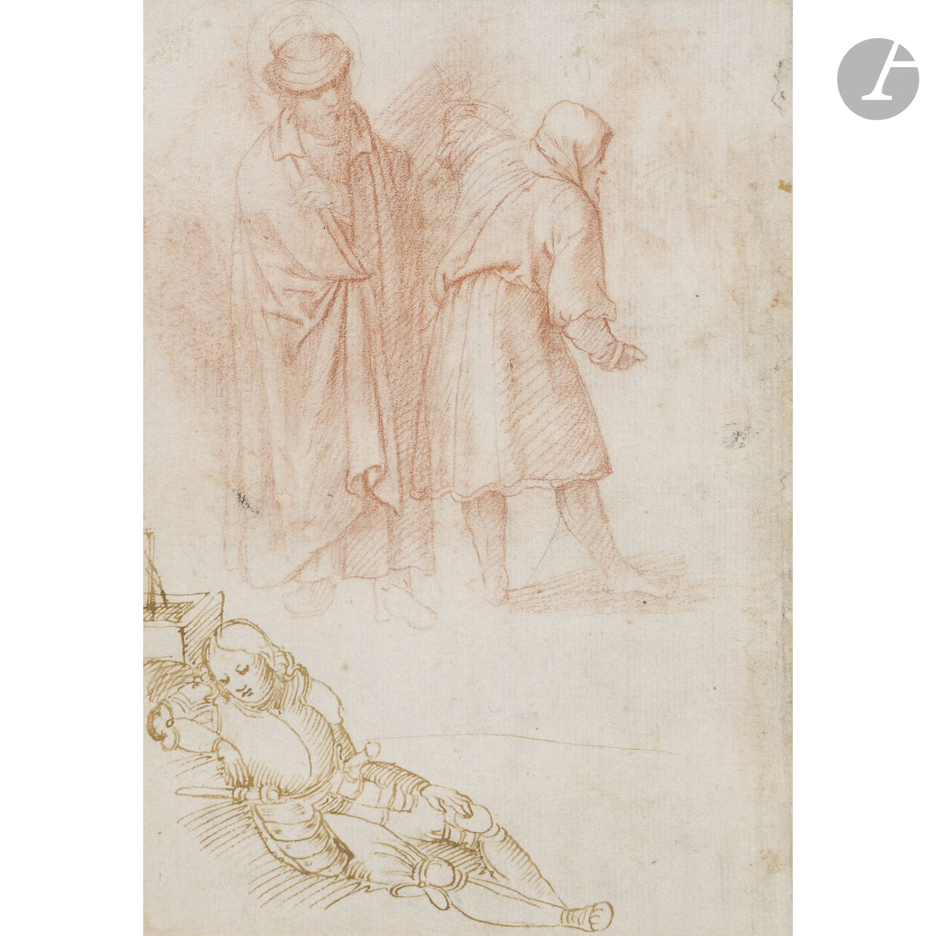 MILANESE SCHOOL, early 16th century
Double-sided sketch sheet: sleeping soldier, people at prayer, beggars, scholar
Red chalk, pen, and brown ink.
(Surface wear, sun damage, and small spots).
18.5 x 13 cm

Provenance:
Former Van Regteren Collection.