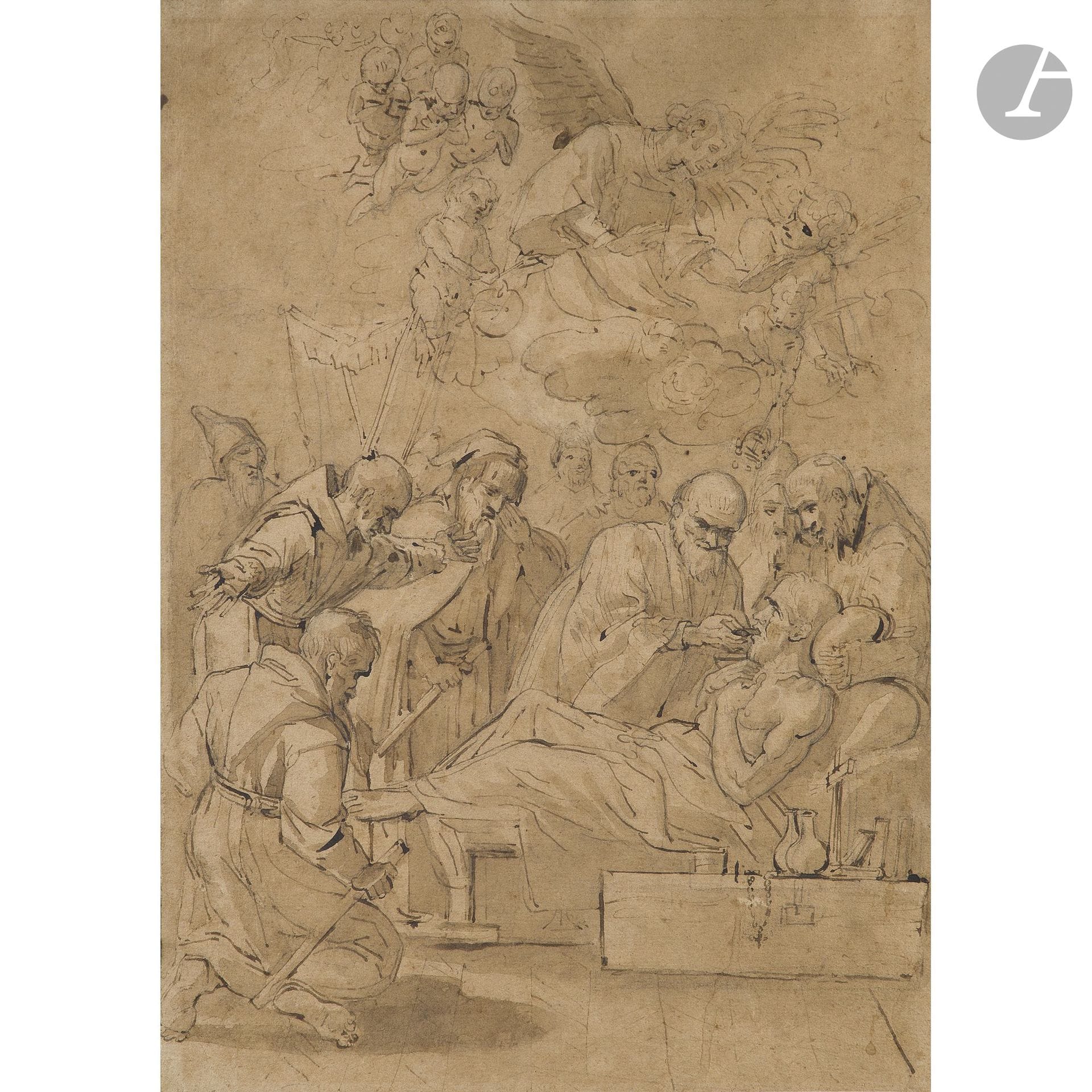 17th-Century ITALIAN SCHOOL 
The Last Rites
Pen, brown ink, and brown wash over black pencil lines.
(Minor creases and small stains; slightly sun-faded).
35 x 24.5 cm