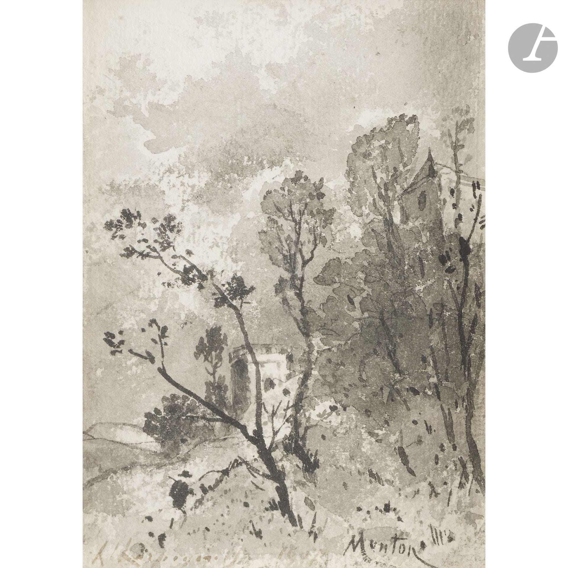Henri-Joseph HARPIGNIES 
(Valenciennes 1819 – Saint-Privé 1916)
Landscape of Menton, 1907
Ink wash.
Signed lower left and inscribed “Menton” lower right.
14 x 10 cm

We would like to thank Mr. Jean Pierre Cappoen for kindly confirming the authenticity of this watercolor and for the information he provided.