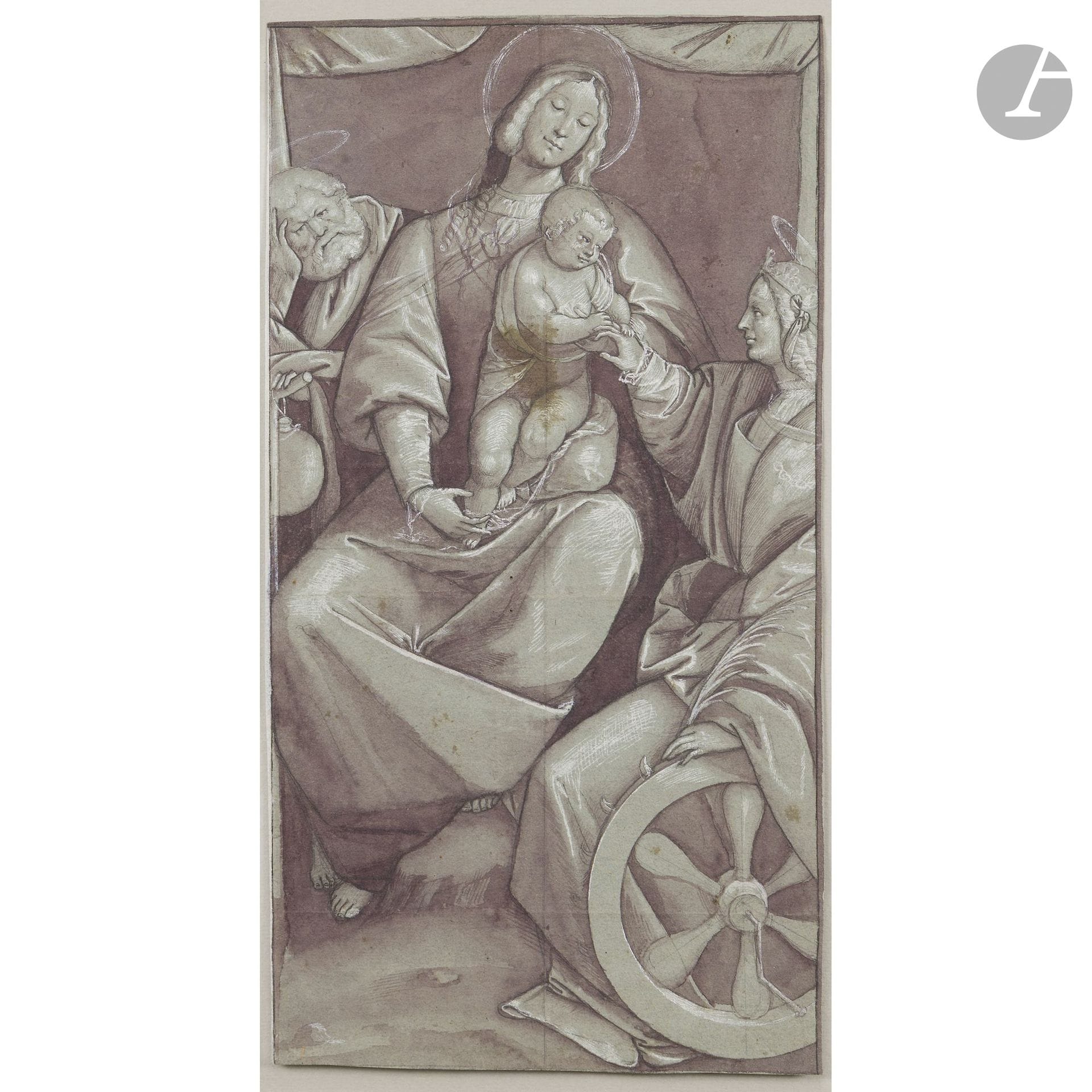 Workshop of Gaudenzio FERRARI 
(Valduggia 1475 – Milan 1546) 
The Mystical Marriage of Saint Catherine
Pen, black ink, and bistre wash over black pencil lines, with highlights in white gouache on half-tone paper.
(Folds and stains).
27.2 x 22.5 cm

Provenance: 
Formerly in the Ian Woodner Collection.

Exhibition:
*Woodner Collection I*, Exhibition Catalog, October 15–November 26, 1971, William Schab Gallery, New York; Los Angeles County Museum; Indianapolis Museum of Art, no. 12, attributed to Gaudenzio Ferrari.

Our drawing closely resembles *The Mystical Marriage of Saint Catherine*, the central panel of the polyptych from the Collegiata di San Gaudenzio in Varallo.