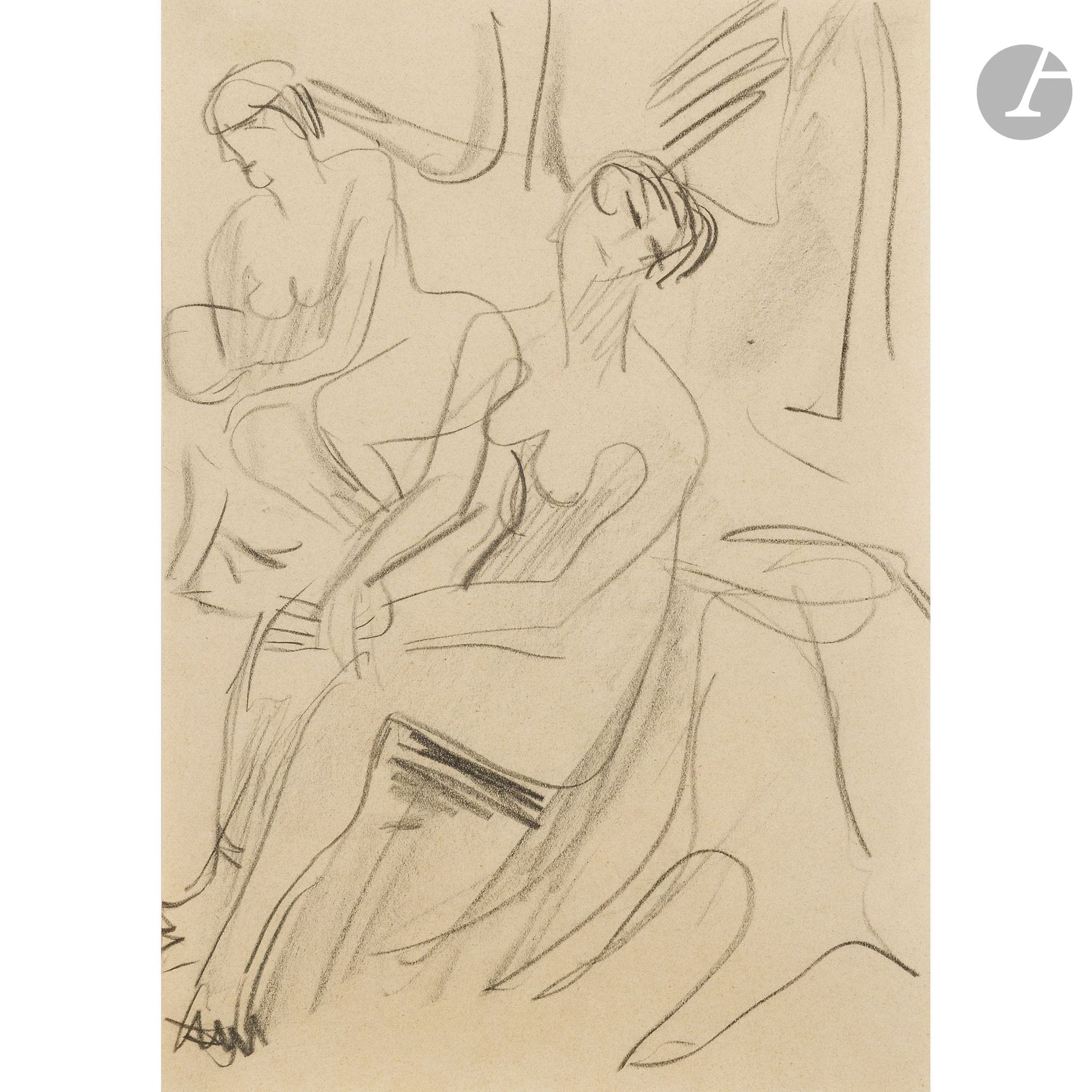 Ernst Ludwig KIRCHNER (1880–1938)
Two Seated Female Nudes
Black pencil and stump.
On the back of the frame is a piece of paper stating the attribution to Kirchner, dated August 25, 1971 (dated 1923 according to Dr. Wilhelm F. Arntz, The Hague/Upper Bavaria, who is responsible for the information contained in the aforementioned Lempertz catalogs).
28 x 20 cm

Provenance:
- Former Kirchner estate, Davos.
- Former collection of Dr. Mönkmeyer, Cologne.
- Lempertz auction, Bonn, lots 510 and 515.

Exhibition: 
Ernst Ludwig Kirchner, Maier-Preusker Gallery, Bonn, 1981.

This work is listed in the E.L. Kirchner Archives, Wichtrach/Bern. Dr. Wolfgang Henze (Kirchner Archives) confirmed its authenticity in 2022.