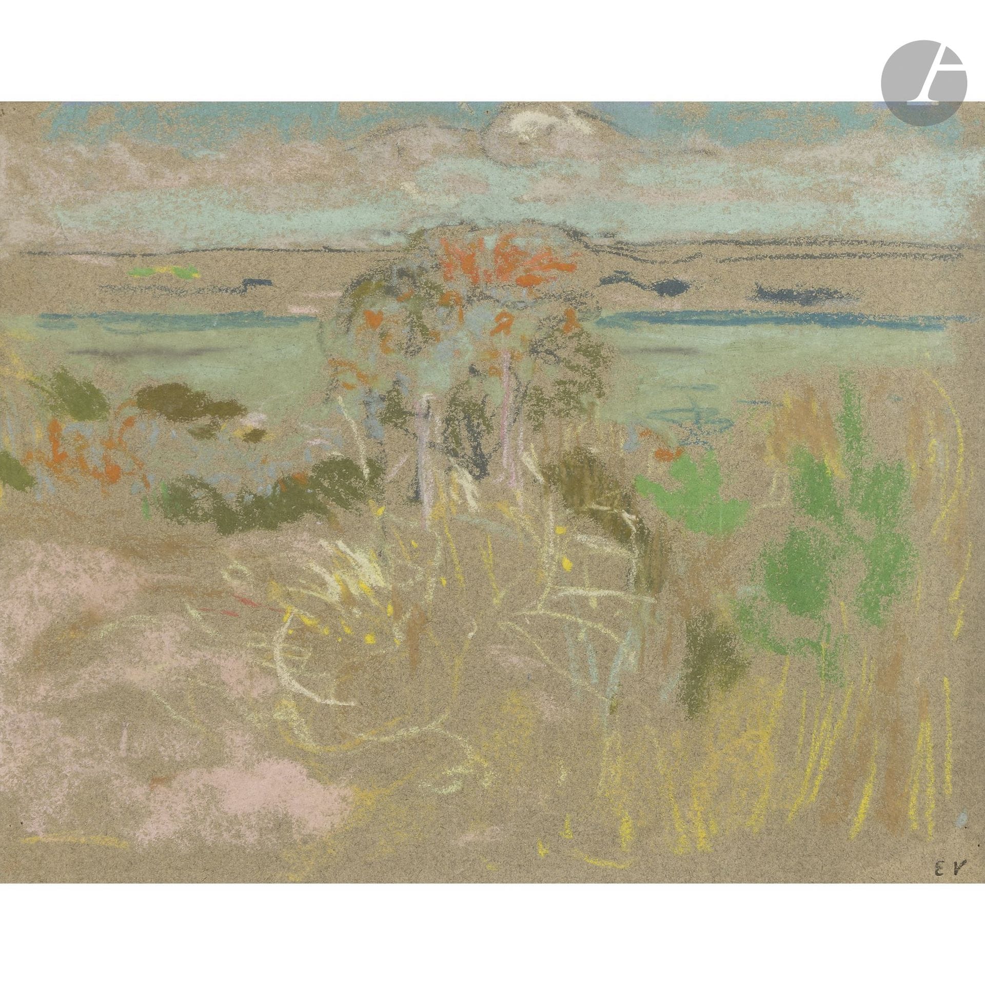 Édouard VUILLARD (1868–1940)
The Meadow, 1905–1907
Pastel.
Studio stamp in the lower right corner (Lugt 909a).
(Minor loss in the upper right corner).
24 x 32 cm

Provenance:
Jean Adhémar Collection, Paris. Passed down through the family.

Bibliography: 
Antoine Salomon and Guy Cogeval, with the collaboration of Mathias Chivot, *Vuillard. The Inexhaustible Glance. Catalogue Raisonné of Paintings and Pastels, vol. II, Wildenstein Institute, 2003, no. VIII-208, p. 922.