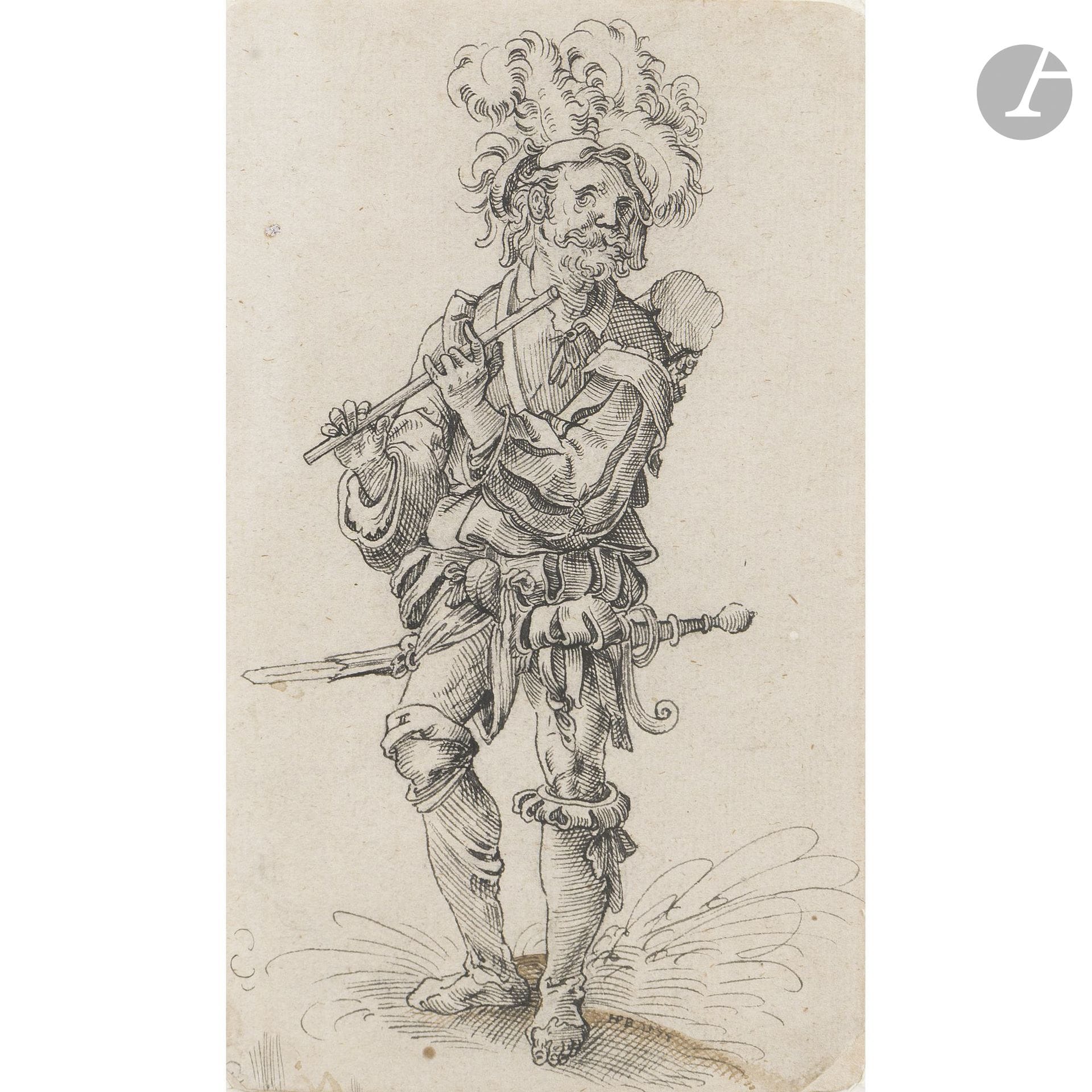 16th-Century GERMAN SCHOOL 
Soldier Playing the Flute
Pen and black ink.
Monogrammed “HPB” and dated “1577” in the lower right corner.
Various annotations on the mounting.
(Duplexed drawing, four corners trimmed, small loss in the lower right corner, sun-faded, and small stains).
17.5 x 10.5 cm