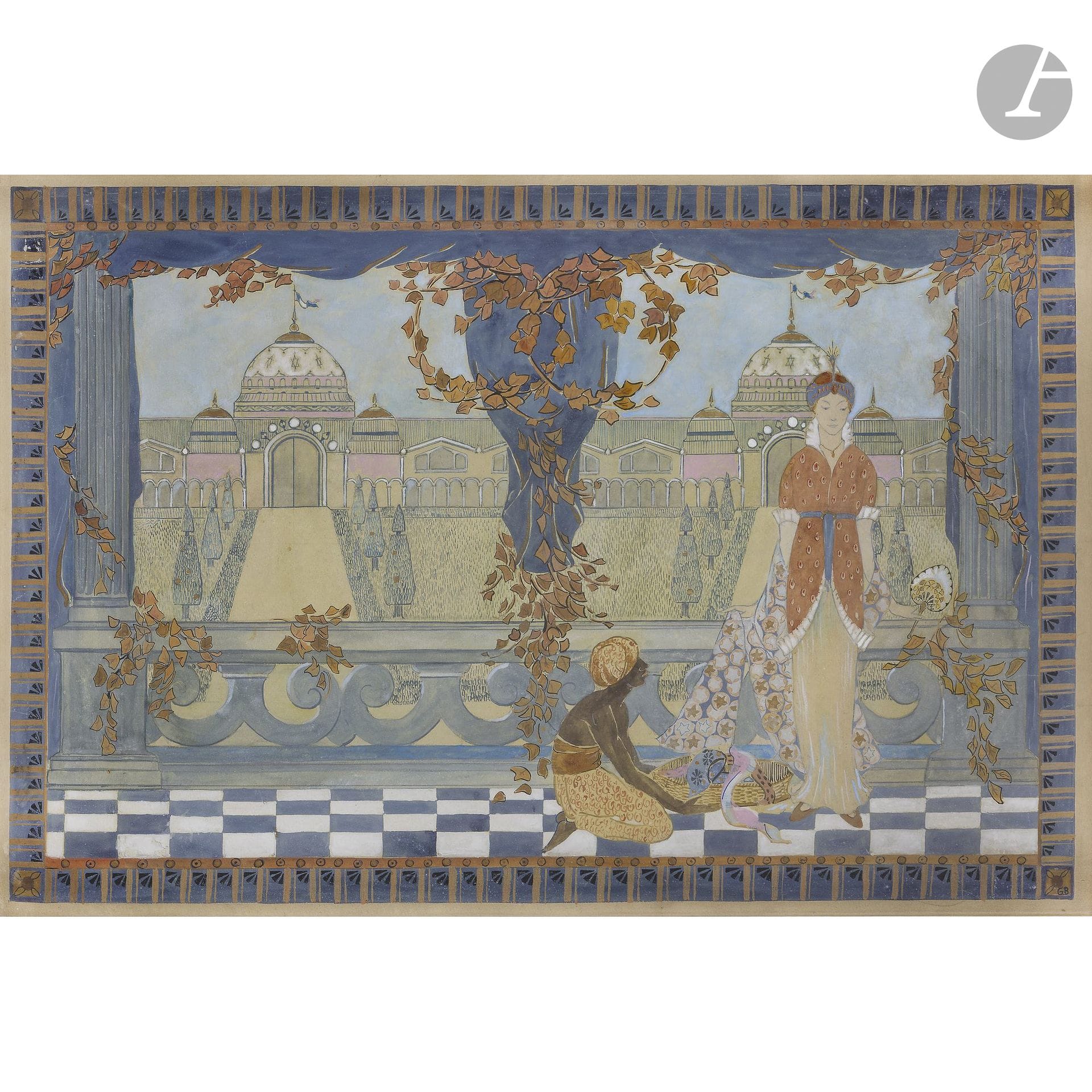 George BARBIER (1882–1932)
Design for a Russian opera set
Gouache and gold leaf on paper.
Monogrammed in the lower right corner.
(Minor losses).
42 x 61 cm