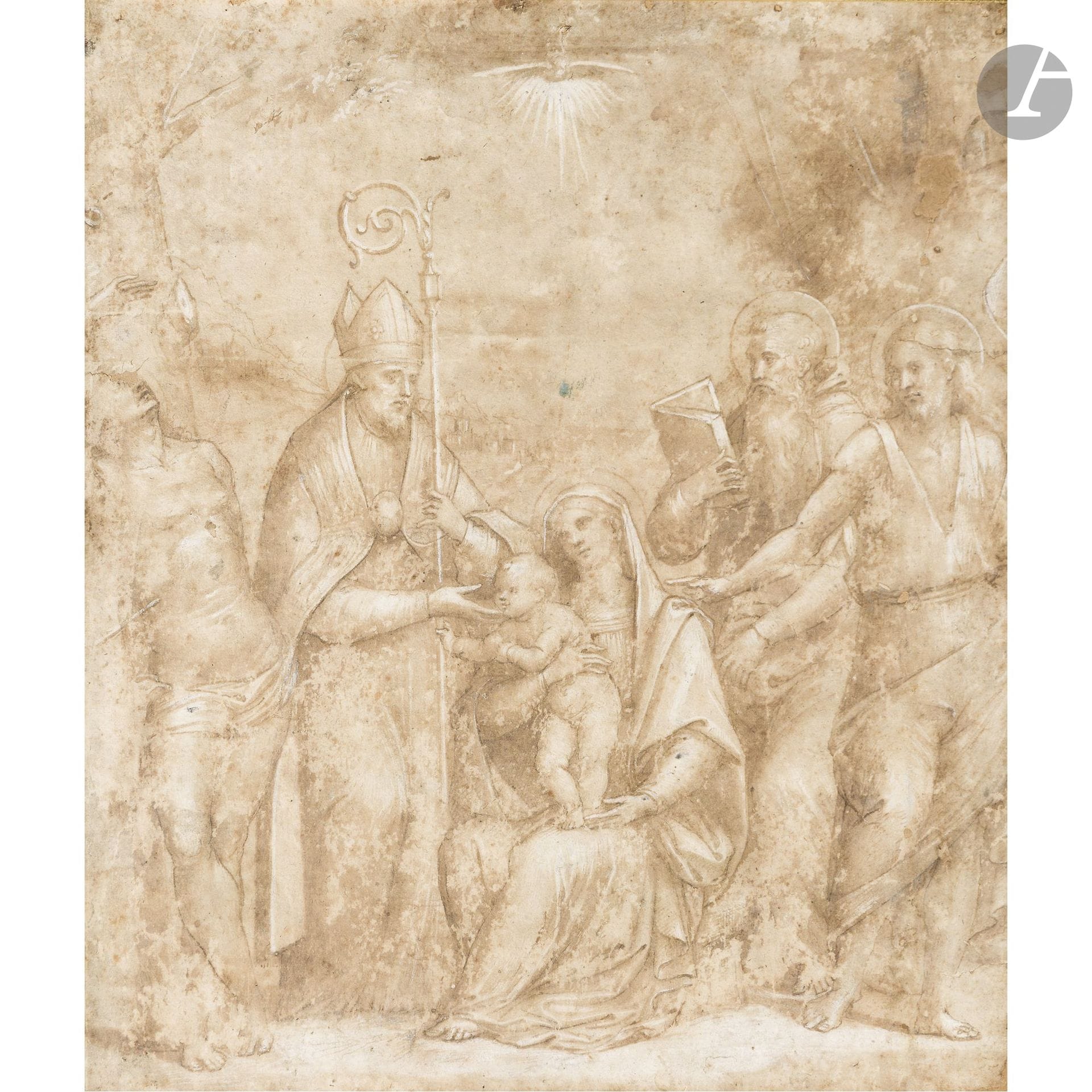 Attributed to Giacomo RAIBOLINI, known as Giacomo FRANCIA (before 1486 – Bologna 1557)
Virgin and Child surrounded by Saint Sebastian, Saint William, Saint Jerome, and Saint John the Baptist
Pen, brown ink, brown wash, and highlights in white gouache.
(Drawn on double-layered paper; surface wear; significant losses restored along the edges; tear on the right; creases; stains; and sun-faded).
28 x 24.5 cm

Provenance:
Ader Auction, Hôtel Drouot, Paris, November 8, 2019, lot 1.

Our drawing can be compared to the composition of the painting by Giacomo and Giulio Francia (the sons of Francesco Francia), held in Berlin at the Gemäldegalerie (inv. no. I.307) (see: Emilio Negro and Nicosetta Roio, *Francesco Francia e sua scuola*, Banca Agricola Mantovana, Modena, Artioli Editore, 1998, p. 271, fig. 209, reproduced) and, for technical comparison, to another drawing held at the Louvre (inv. no.RF548) attributed to Giacomo Francia (see: p. 262, fig. 190D, reproduced, from the work cited above).