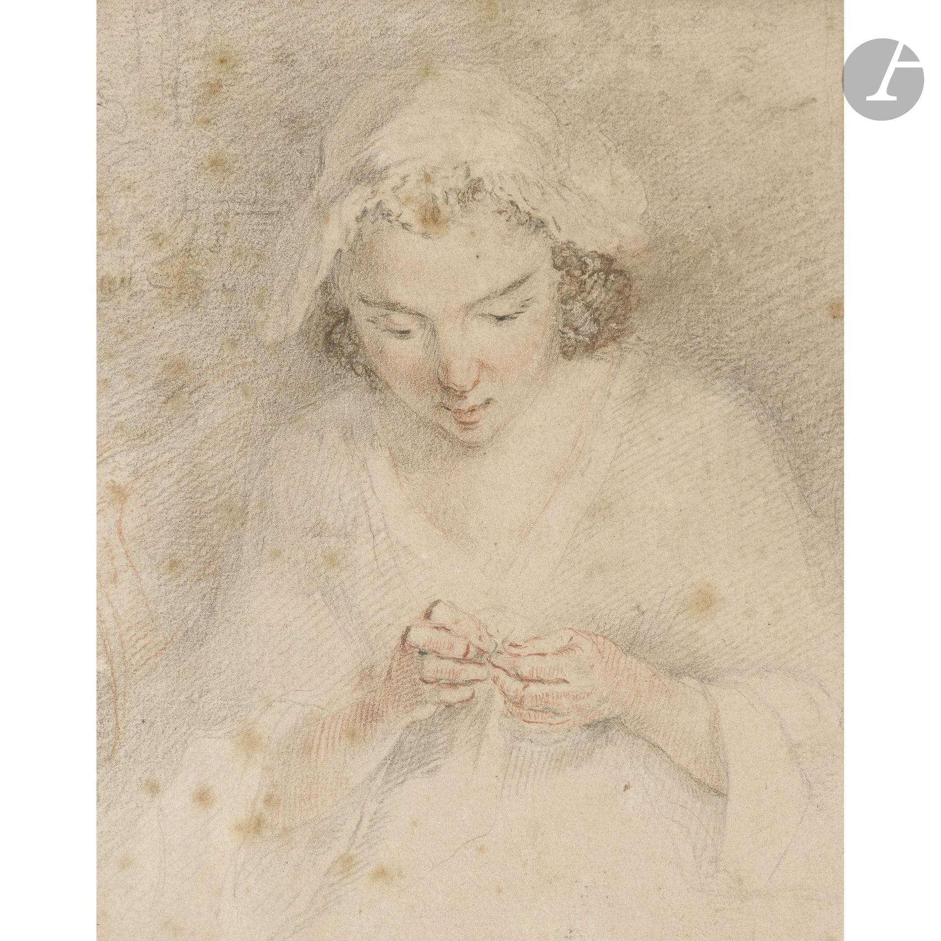 Jacques-André PORTAIL (Brest 1695 – Versailles 1759) 
Young Girl Sewing
Black pencil, red chalk, and highlights in pen.
(Stains, sun-faded).
18 x 14 cm

Provenance: 
Raoul Dastrac Collection (1891–1969).

Exhibition:
Elles, Galerie M. Guiot, November–December 1960, no. 14.