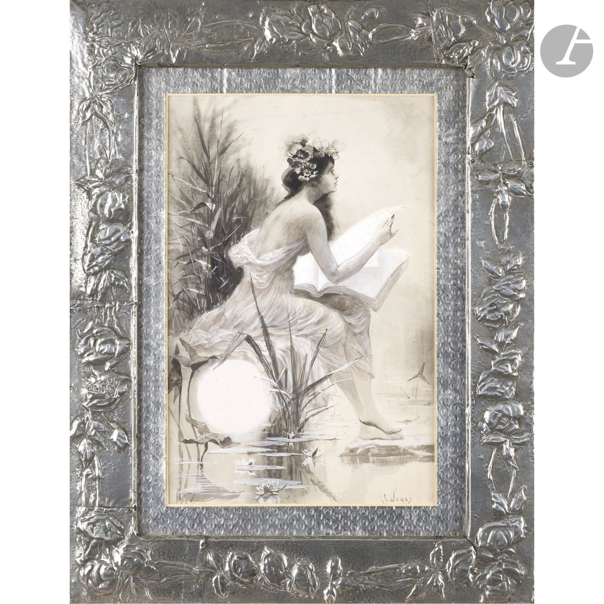 Charles JOUAS (1866–1942)
Nymph by the Water’s Edge
Ink, ink wash, and highlights in white gouache.
Signed lower right.
(Oxidation of the gouache, slight foxing). 
35 x 22.5 cm