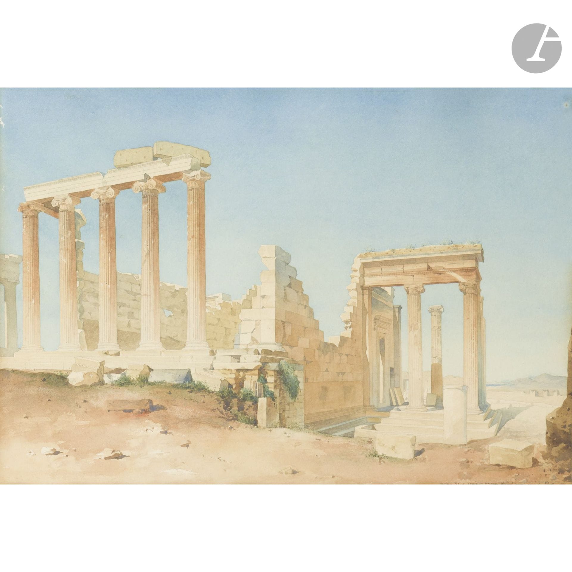 Louis François Philippe BOITTE (Paris 1830 – Fontainebleau 1906)
Athens, Temple, 1870
Watercolor and ink.
Signed, dated, and inscribed in the lower right corner.
33.5 x 47.5 cm
