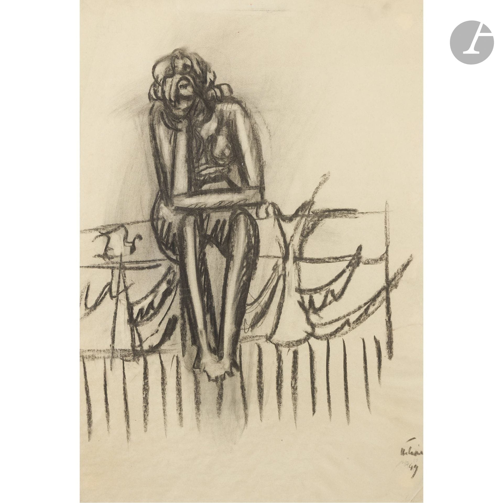 Jean HÉLION (1904–1987)
Woman Seated on a Bed, 1949
Charcoal.
Signed and dated lower right.
54 x 38 cm

Provenance: 
Yvon Lambert, Paris (his stamp on the back).

This work will be included in the Catalogue Raisonné of Jean Hélion’s works on paper, currently being prepared by the Association Jean Hélion (Clovis Vail and Mark Vail).