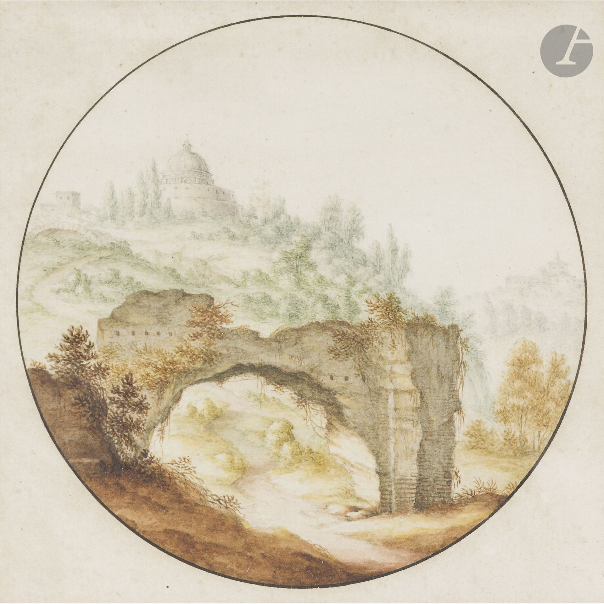 Abraham RADEMAKER 
(Lisse 1675 – Haarlem 1735)
Architectural caprices in the classical style
Two watercolors.
Diameter: 10.5 cm