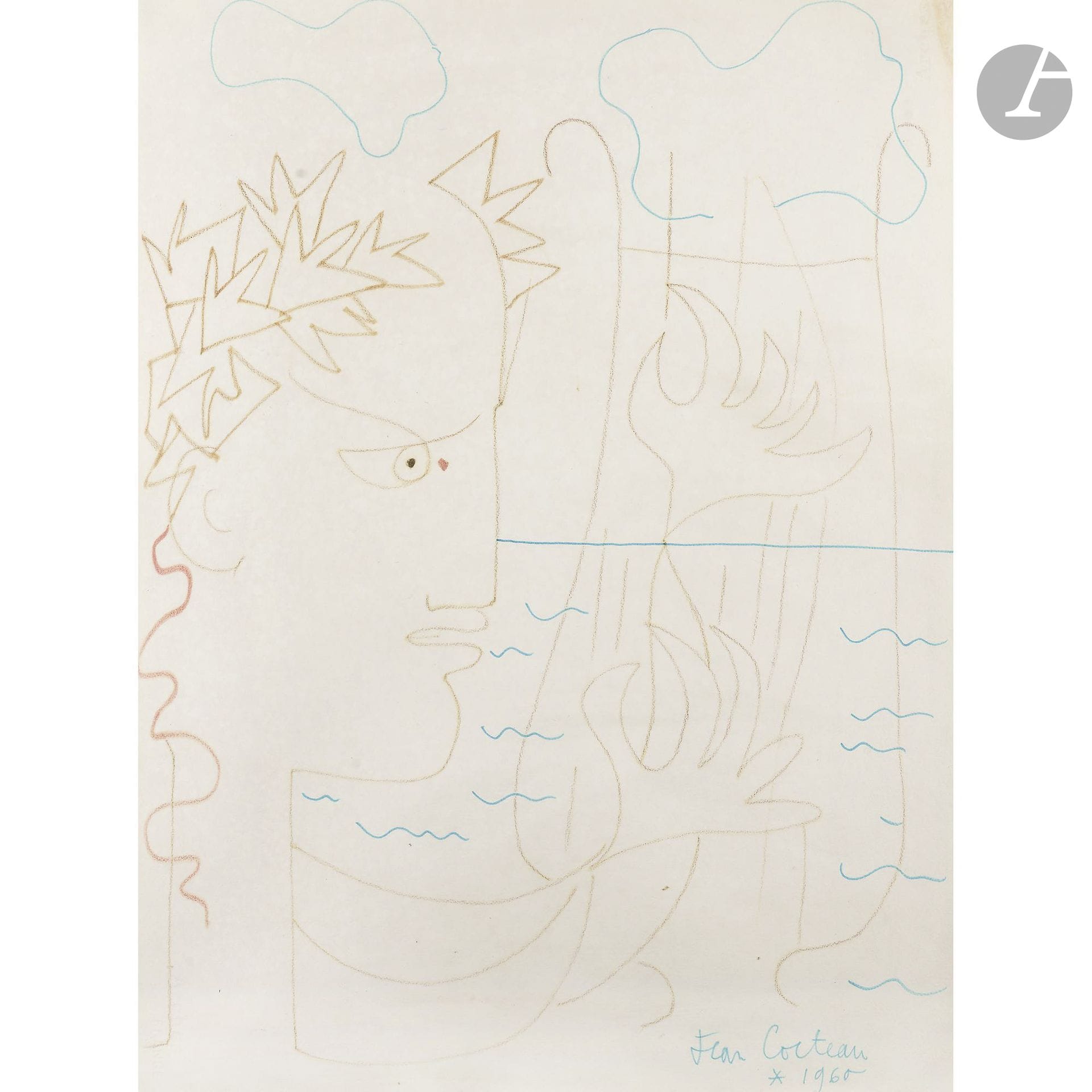 Jean COCTEAU (1889–1963)
Orpheus with the Lyre, 1960
Color markers.
Signed and dated lower right.
(Stain in the upper right corner).
75 x 55 cm

A certificate from Mr. Édouard Dermit, dated March 29, 1990, will be provided to the purchaser.

Mr. Dominique Bert has confirmed the authenticity of this work.

A certificate from the Guédras Archives will be provided upon request and at the purchaser’s expense.
