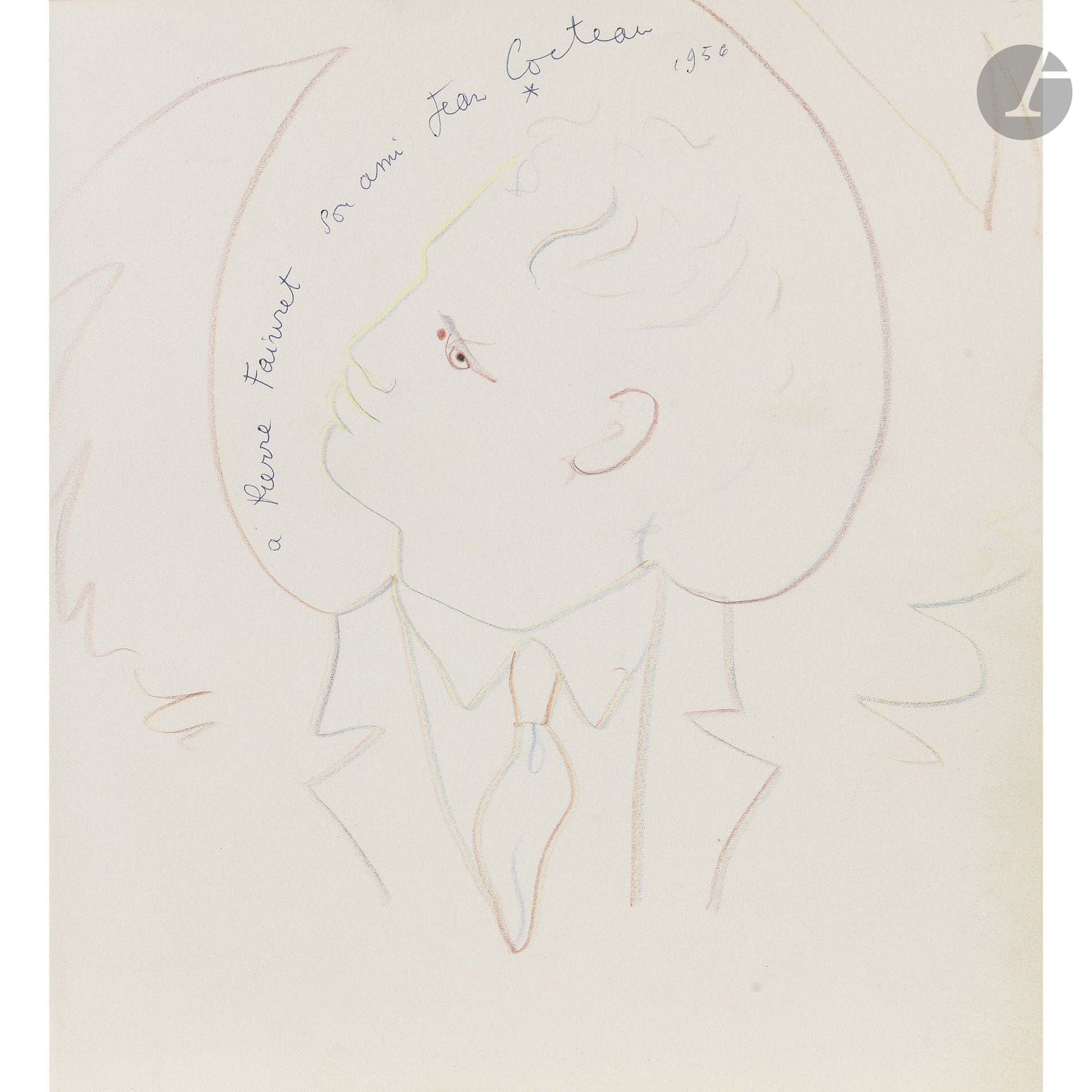 Jean COCTEAU (1889–1963)
Profile of a Man Wearing a Tie, 1956
Colored pencils.
Signed and dated in the upper right corner.
Inscribed “to Pierre Faivret, his friend” within the composition.
26.5 x 23.5 cm

Mr. Dominique Bert has confirmed the authenticity of this work.

A certificate from the Guédras Archives will be provided upon request and at the purchaser’s expense.