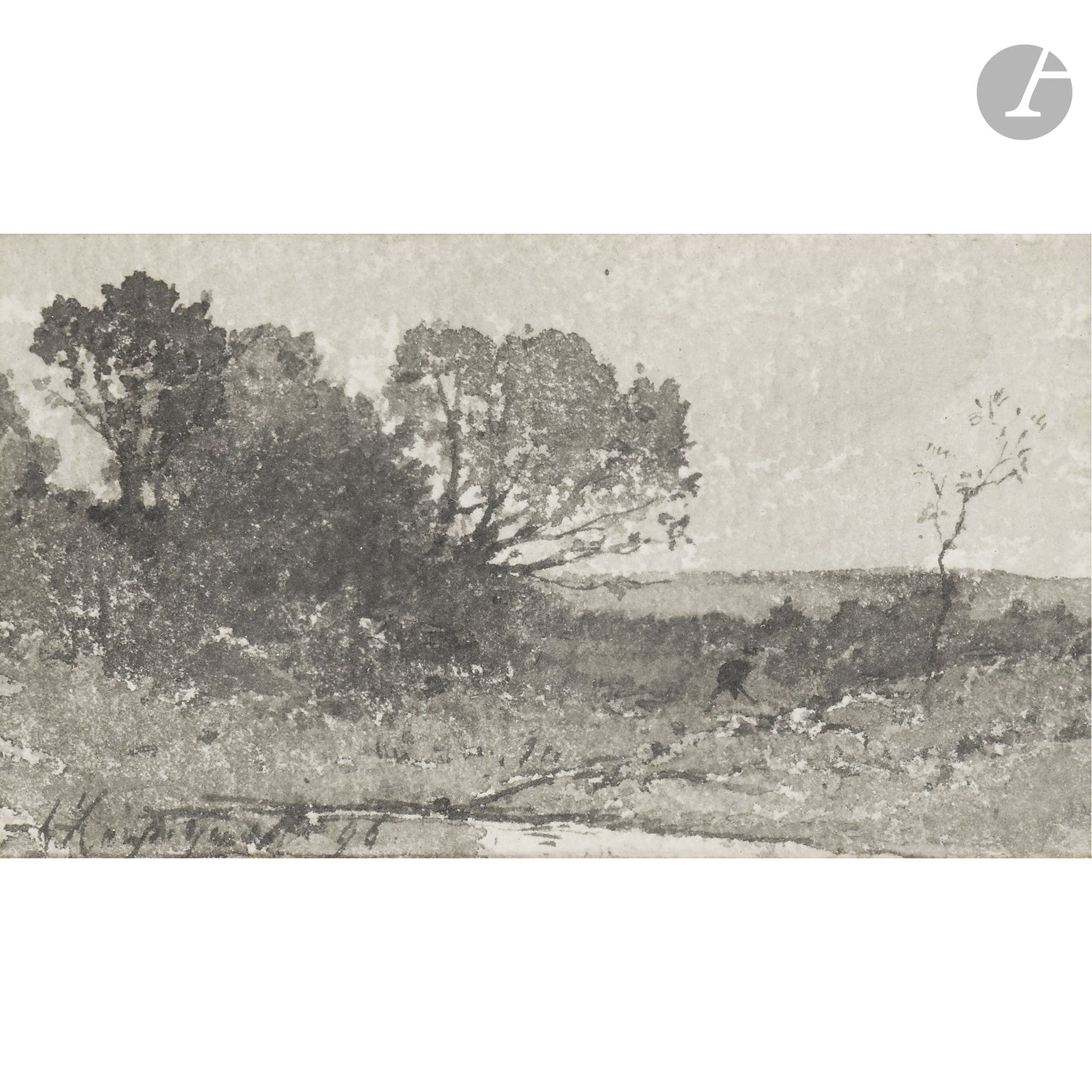 Henri-Joseph HARPIGNIES 
(Valenciennes 1819 – Saint-Privé 1916)
Landscape
Ink wash.
Signed lower left.
5.5 x 9.5 cm

We would like to thank Mr. Jean Pierre Cappoen for kindly confirming the authenticity of this watercolor and for the information he provided.