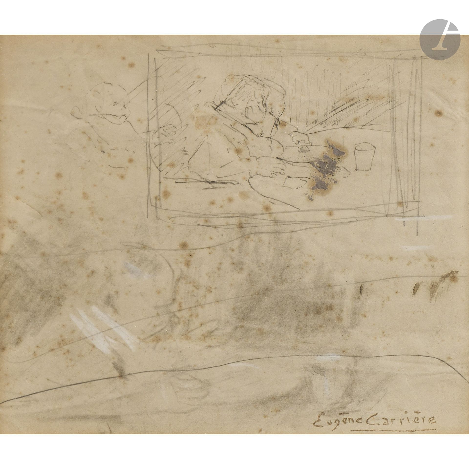 Eugène CARRIÈRE (1849–1906)
At the Table
Ink and black pencil.
Signature stamp in the lower right corner (Lugt 434).
(Numerous stains, creases).
14 x 17 cm

Provenance:
Rémy le Fur &amp; Associés auction, Drouot-Richelieu, Paris, June 20, 2014, lot 140.