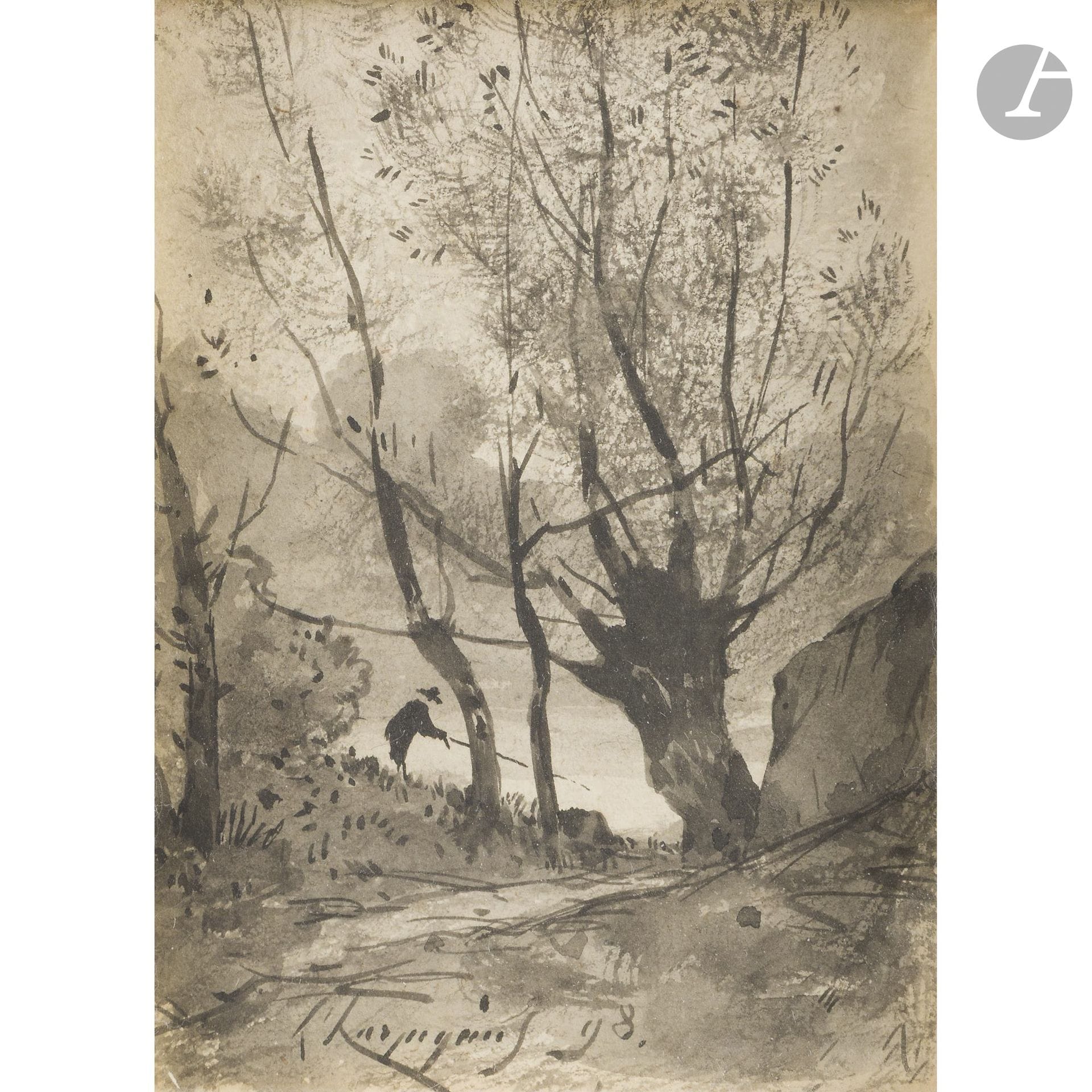 Henri-Joseph HARPIGNIES 
(Valenciennes 1819 – Saint-Privé 1916)
The Little Fisherman, 1898
Ink wash.
Signed and dated lower left.
11 x 8 cm

We would like to thank Mr. Jean Pierre Cappoen for kindly confirming the authenticity of this watercolor and for the information he provided.