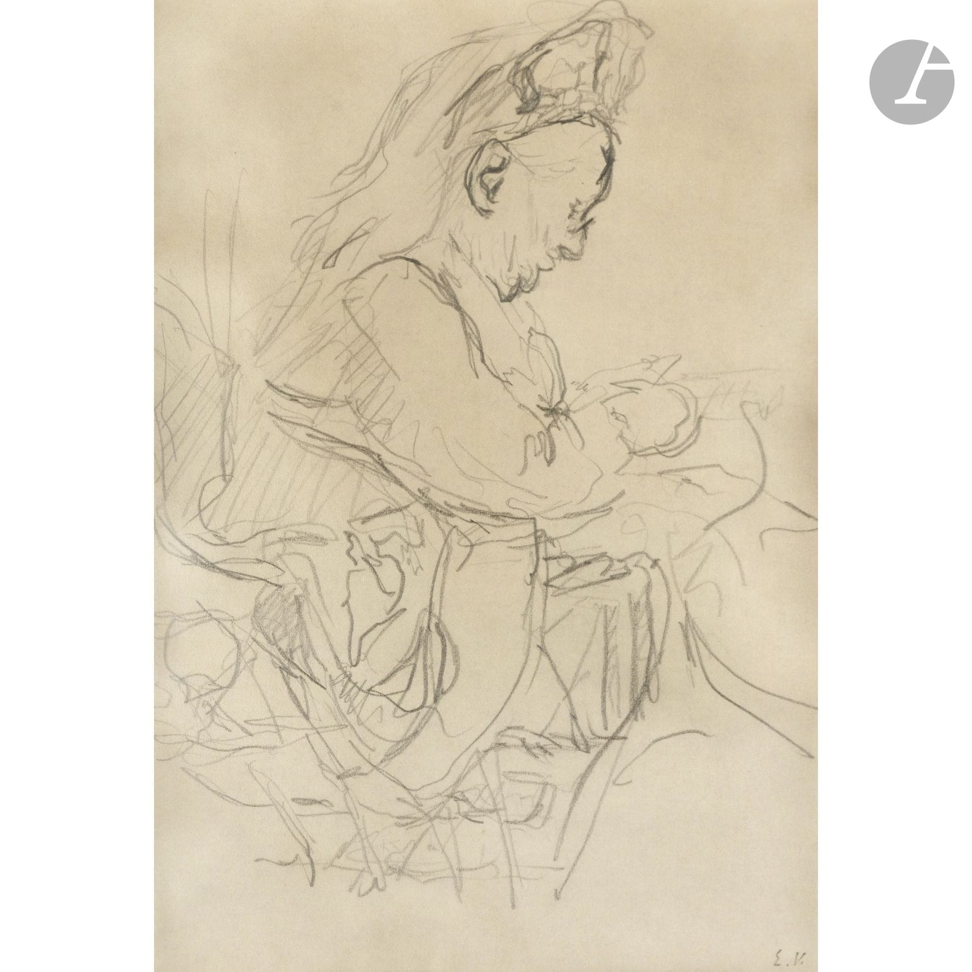 Édouard VUILLARD (1868–1940)
Madame Vuillard at Her Work, ca. 1920–1924
Graphite pencil.
Studio stamp in the lower right corner (Lugt 909c).
18.5 x 13 cm

Provenance:
Jean Adhémar Collection, Paris. Passed down through the family.