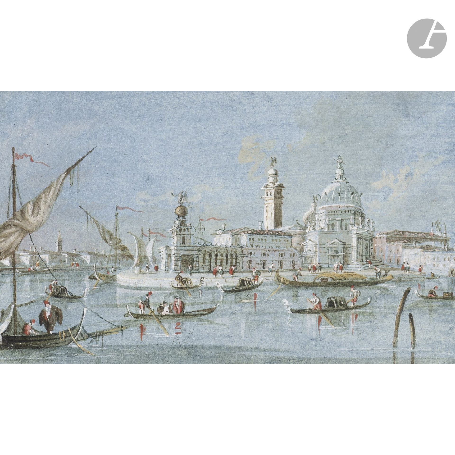 Giacomo GUARDI 
(Venice 1764–1835)
Venice, View of the Blessed Virgin of Health
Gouache.
Signed on the back.
Autograph inscription on the reverse.
10 x 17 cm