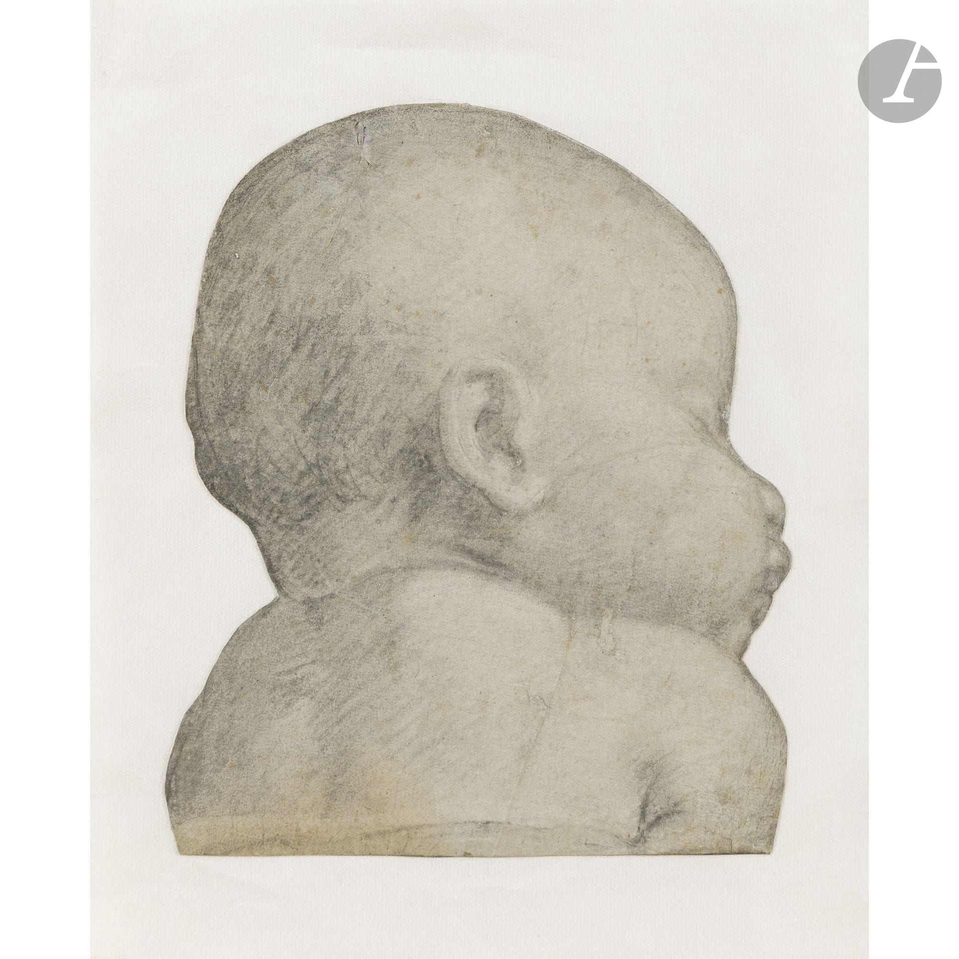 Attributed to FRA BARTOLOMEO 
(Prato 1472 – Pian di Mugnone 1517) 
Study of a Child’s Head
Black chalk, stump, and traces of white chalk highlights.
Inscribed on the reverse: “Il Corregio (Antonio Allegri).”
(Lined drawing cut out along the outline of the subject; missing areas restored; stains; sun-faded).
25.4 x 22.2 cm

Provenance:
Colnaghi, London, 2002.

In an email dated May 3, 2023, Mr. Chris Fischer informed the owner that this drawing is classified in his archives as “uncertain attribution: Fra Bartolomeo?”