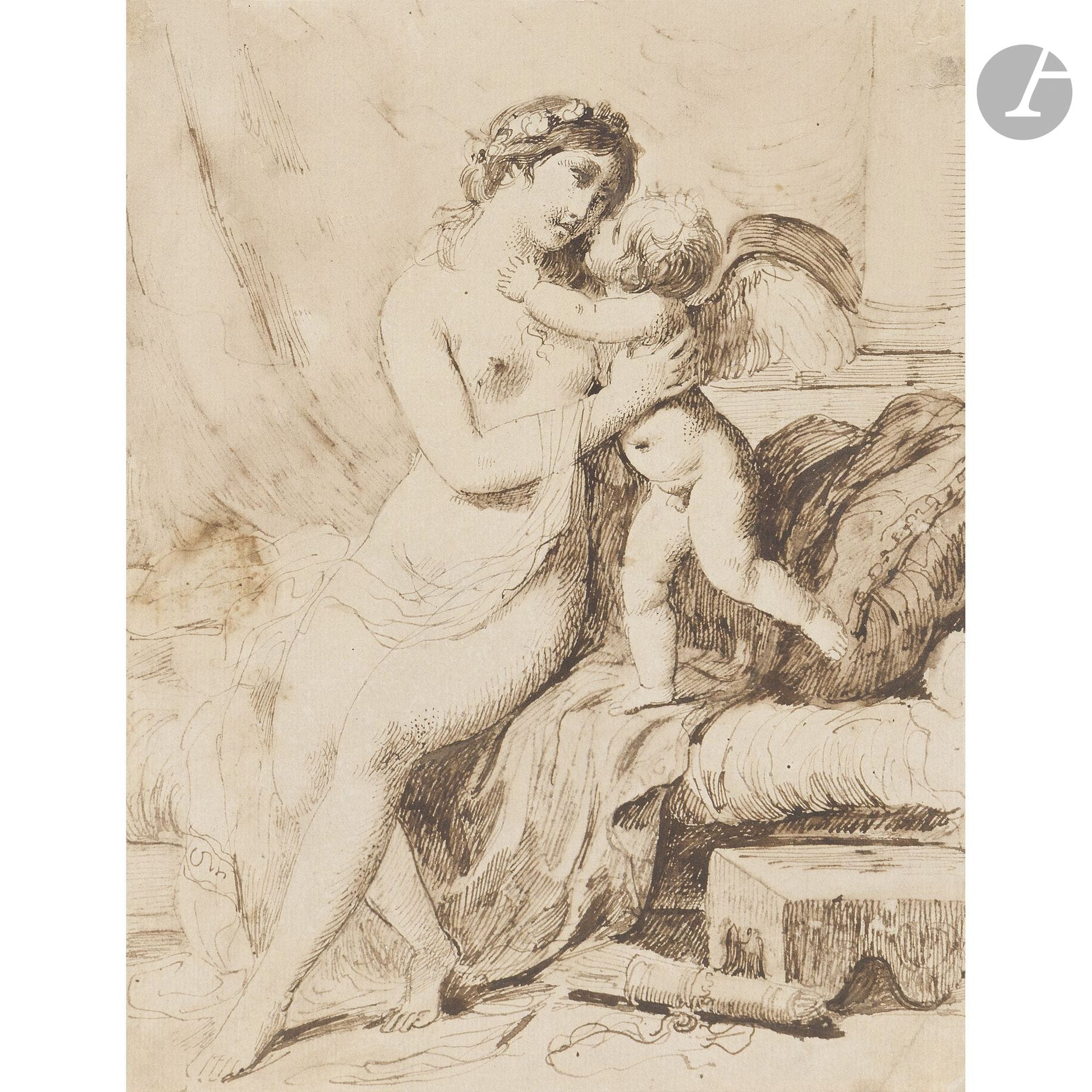 Giuseppe Bernardino BISON 
(Palmanova 1762 – Milan 1844)
Venus and Cupid 
Pen and brown ink.
(Slightly sun-faded, small spots, small tear in the upper right corner).
22 x 17.2 cm