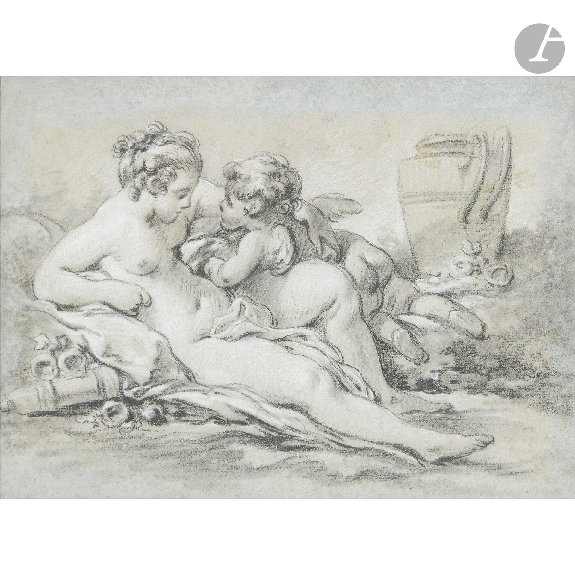 Attributed to Jacques Philippe Joseph de SAINT-QUENTIN 
(Paris, 1738–after 1780)
Venus and Cupid
Black chalk, stump, and white chalk highlights on blue paper.
On the reverse, an old sales label.
21 x 28 cm
