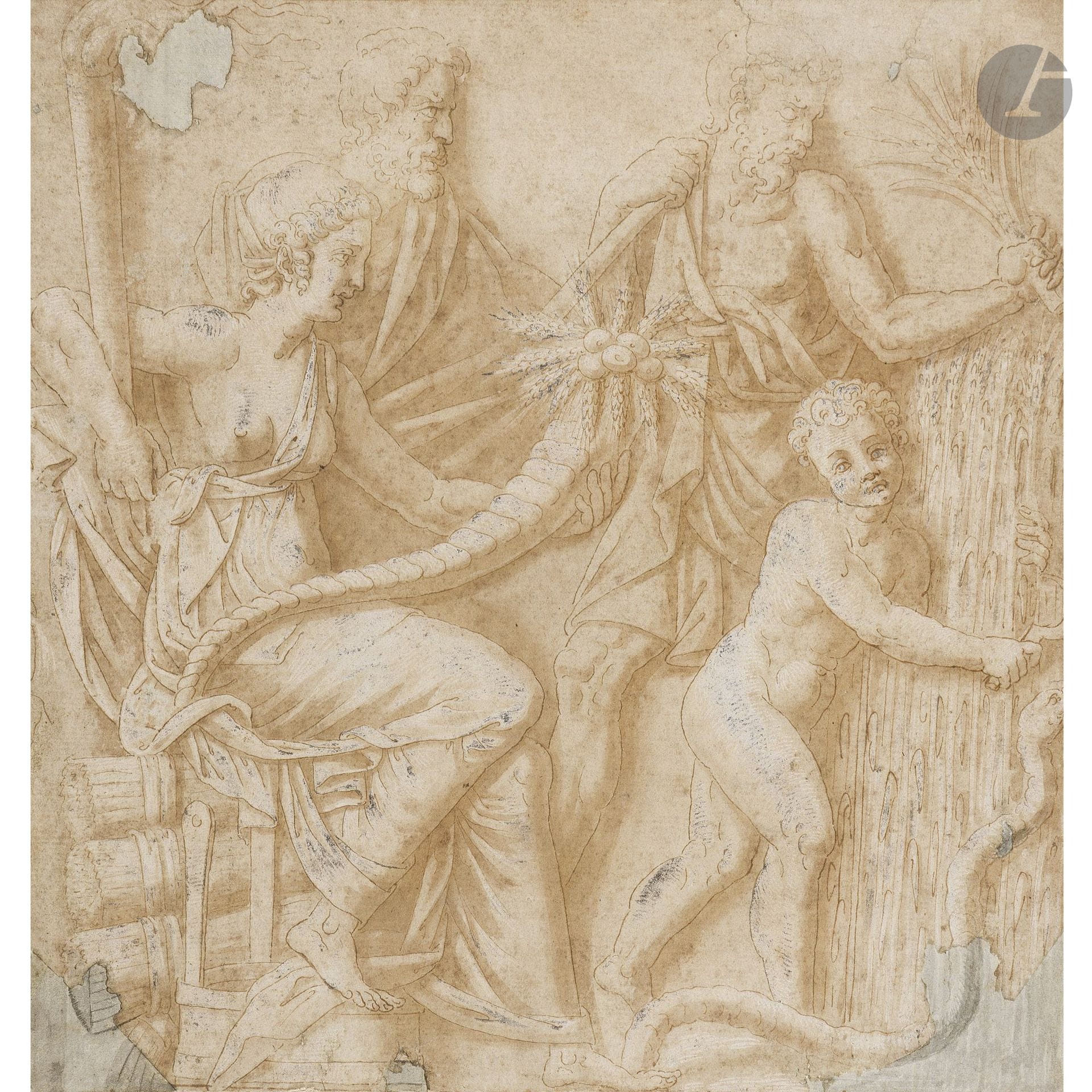 Attributed to Ippolito ANDREASI, known as L’ANDREASINO (Mantua, c. 1548–1608)
Flora 
Pen, brown ink, brown wash, and black pencil on tracing paper.
Annotated at the bottom center on the mount: “Florentine SCHOOL of the late 15th century.”
(Gouache partially oxidized, significant losses restored, tear in the upper right corner, sun-faded, and small stains).
25.2 x 24 cm