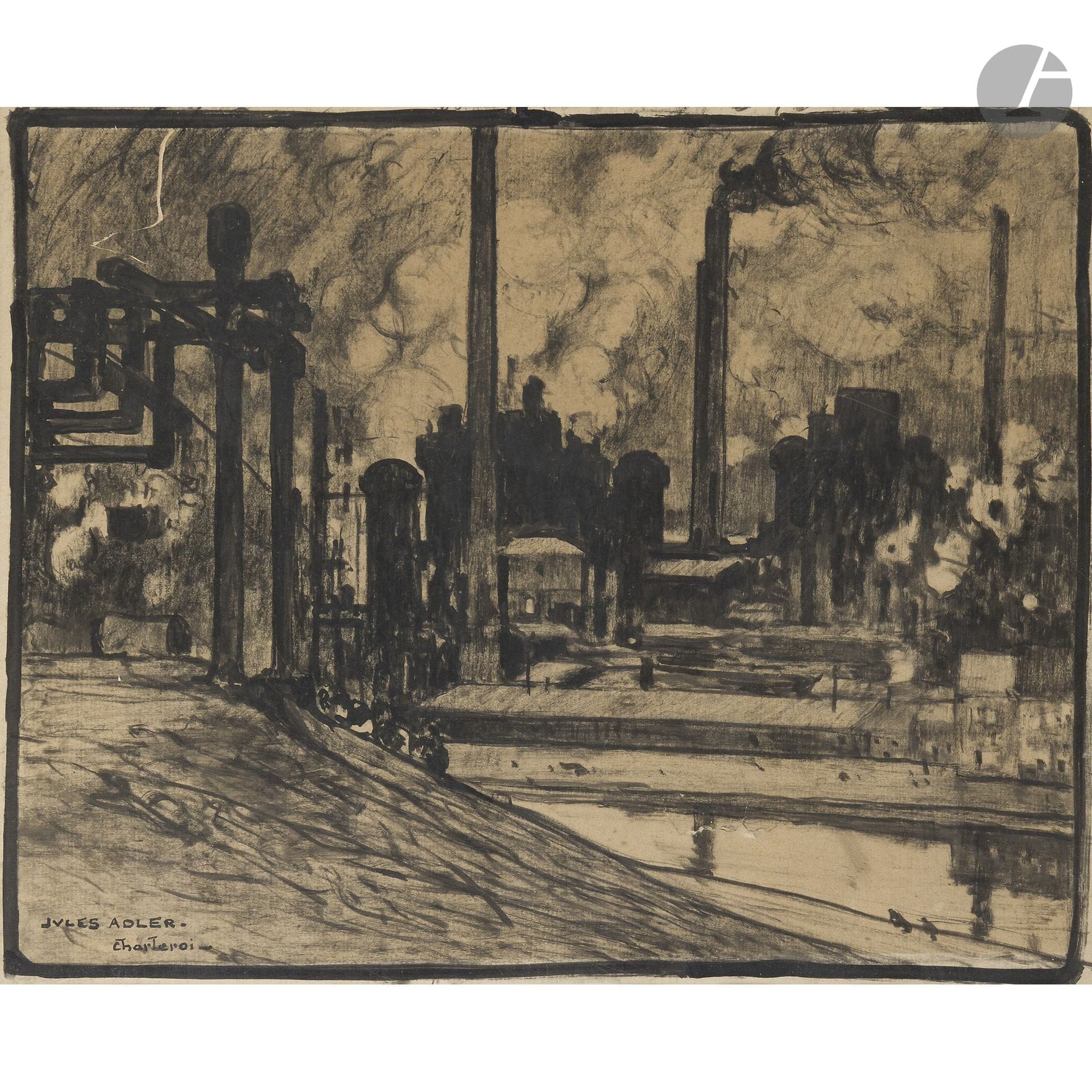 Jules ADLER (1865–1952)
Charleroi, Industrial Landscape
Ink and charcoal.
Signed and dated in the lower left corner.
29 x 35 cm

This is a study for the painting housed at the Jules Adler Museum in Luxeuil-les-Bains.