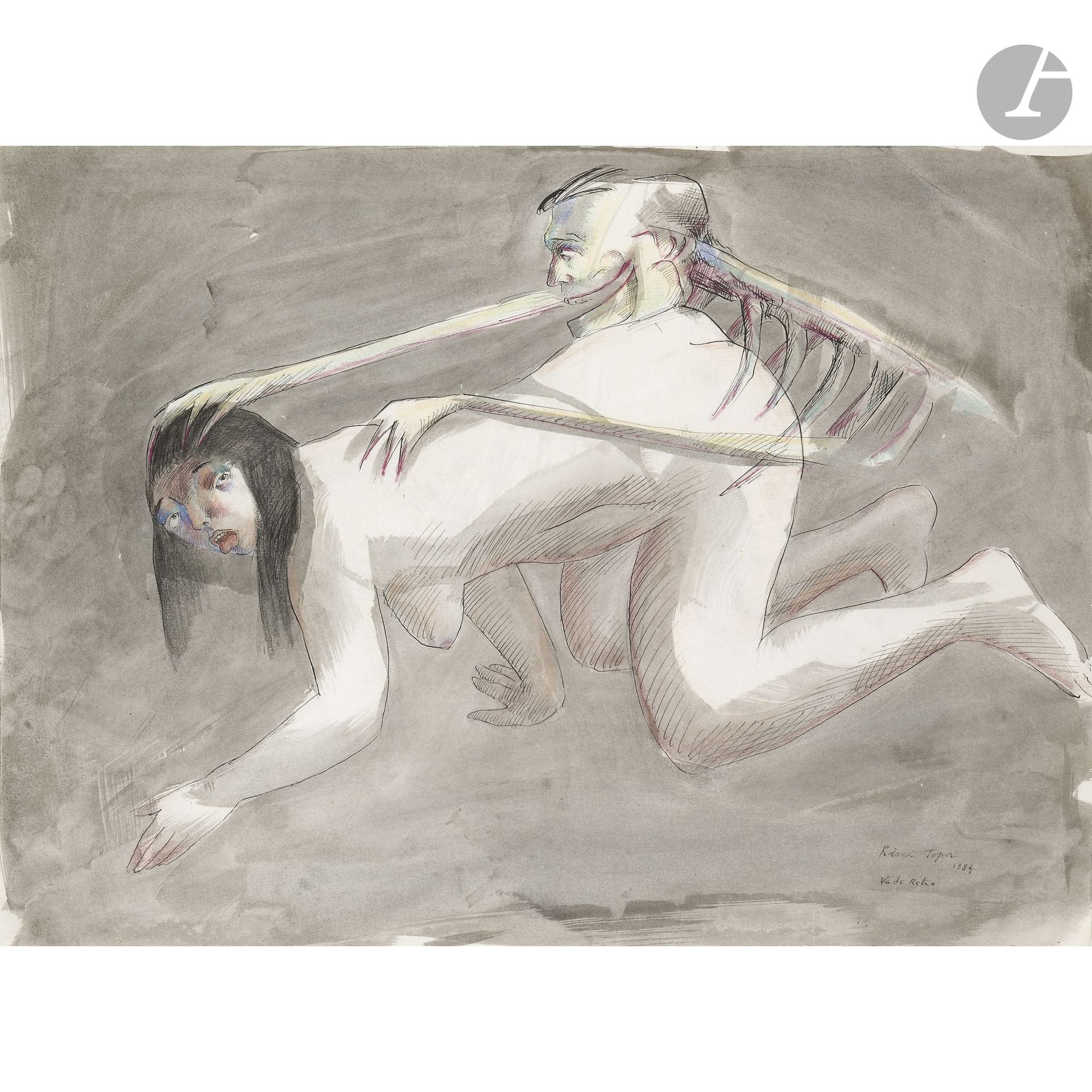 Roland TOPOR (1938–1997)
Vade retro, 1984
Ink, ink wash, and colored pencils.
Signed, dated, and titled in the lower right corner.
55 x 75.5 cm