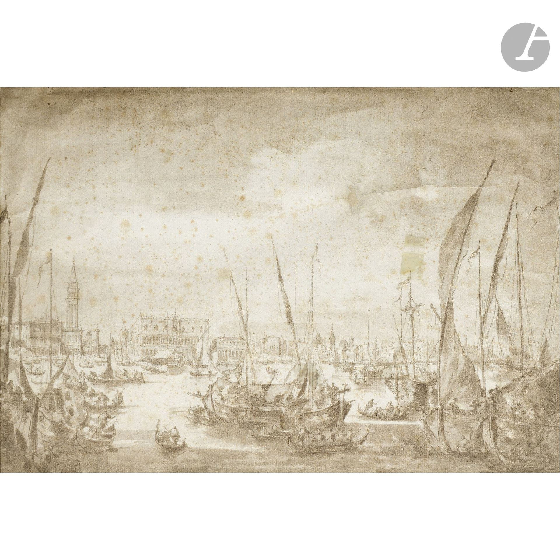 19th-Century Venetian School, in the style of Guardi
View of Venice: the Grand Canal with St. Mark’s Square in the background
Brown ink and brown wash.
(Stains, creases, small holes).
36 x 50 cm