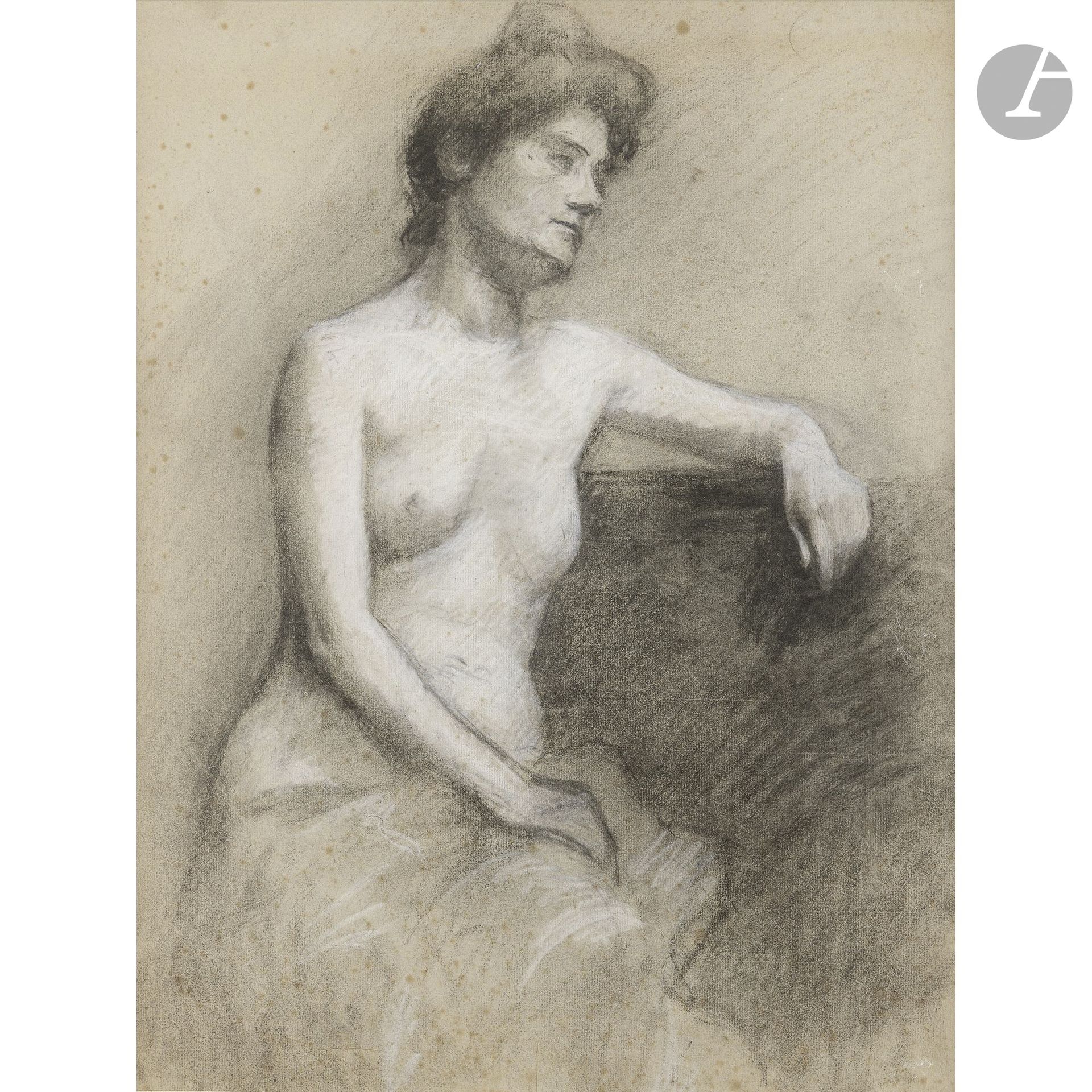Roger de LA FRESNAYE (1885–1925)
Seated Nude
Charcoal and white chalk.
Unsigned. 
Certificate on the reverse by Georges de Miré, the artist’s cousin and friend. 
(Flecks of rust).
59 x 45 cm