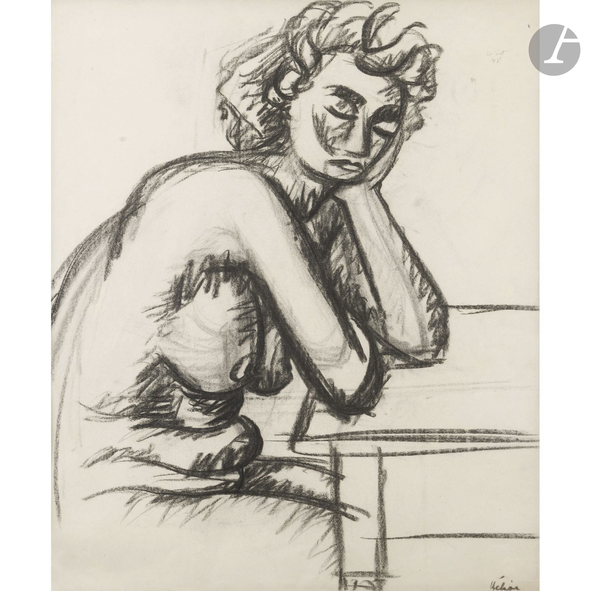Jean HÉLION (1904–1987)
Seated Nude Leaning on an Armrest, 1948
Charcoal.
Signed lower right.
Dated upper right.
64 x 49 cm

Provenance: 
Yvon Lambert, Paris (his stamp on the reverse).

This work will be included in the Catalogue Raisonné of Jean Hélion’s works on paper, currently being prepared by the Association Jean Hélion (Clovis Vail and Mark Vail).