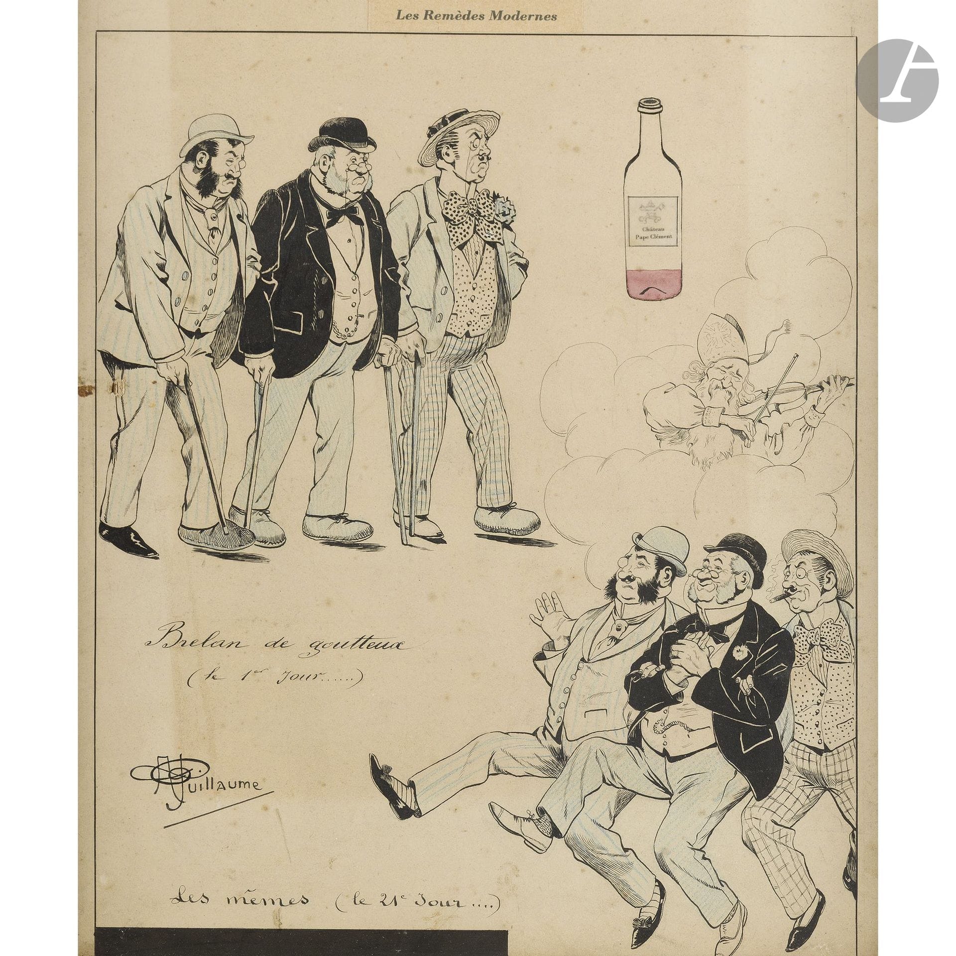Albert Paul GUILLAUME (1873–1942)
Three Drippers (Day 1...) / The Same (Day 21)
Ink and watercolor.
Signed lower left.
(Stains, sun-faded, and small losses).
39.5 x 29.5 cm