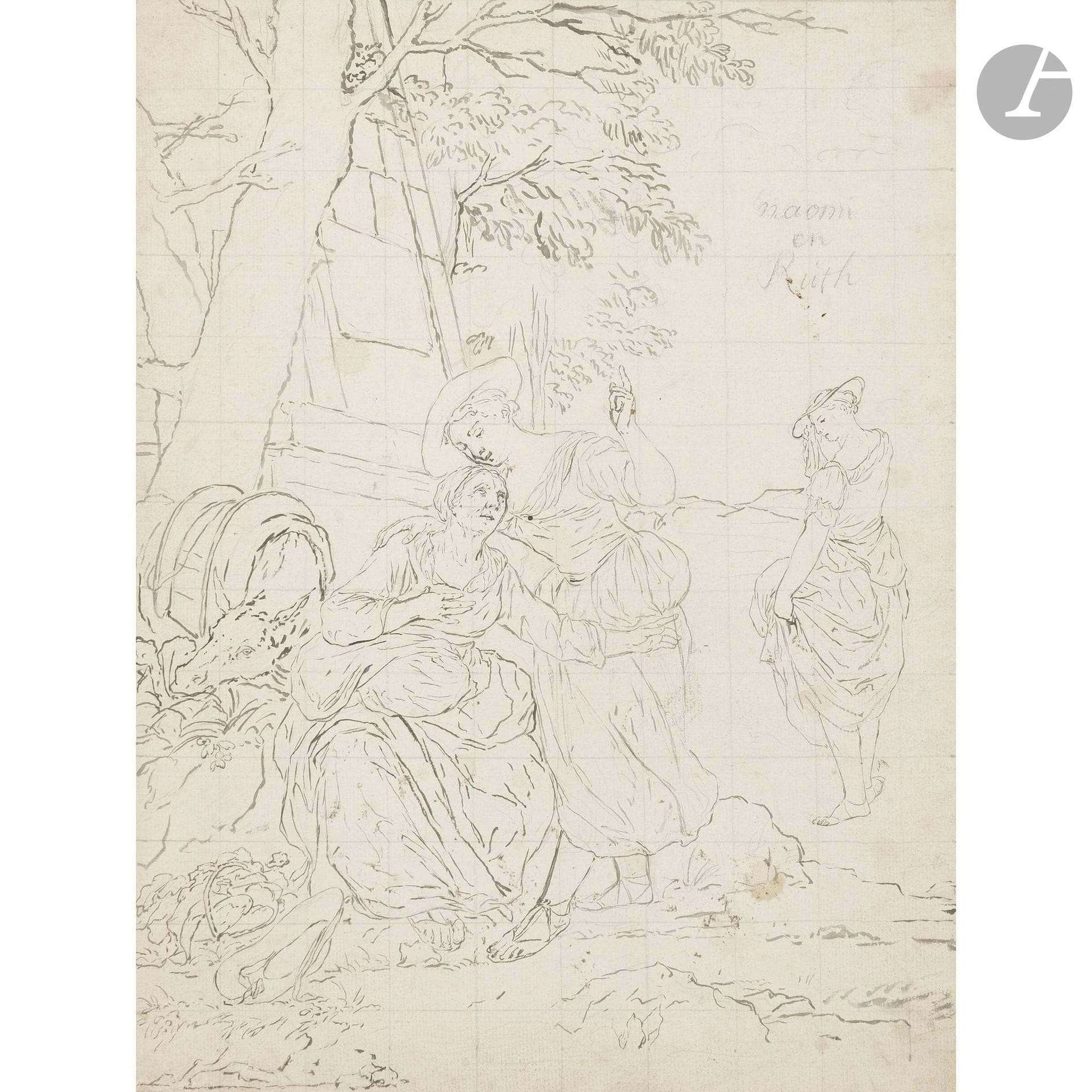 Attributed to Hubert François GRAVELOT 
(Paris 1699–1773) 
Naomi and Ruth
Pen and black ink over black pencil lines.
Gridded and drawn in black pencil.
Traced with a stylus in preparation for transfer; rubbed with graphite on the reverse.
Titled in the upper right corner.
(Folds and stains).
36 x 27 cm