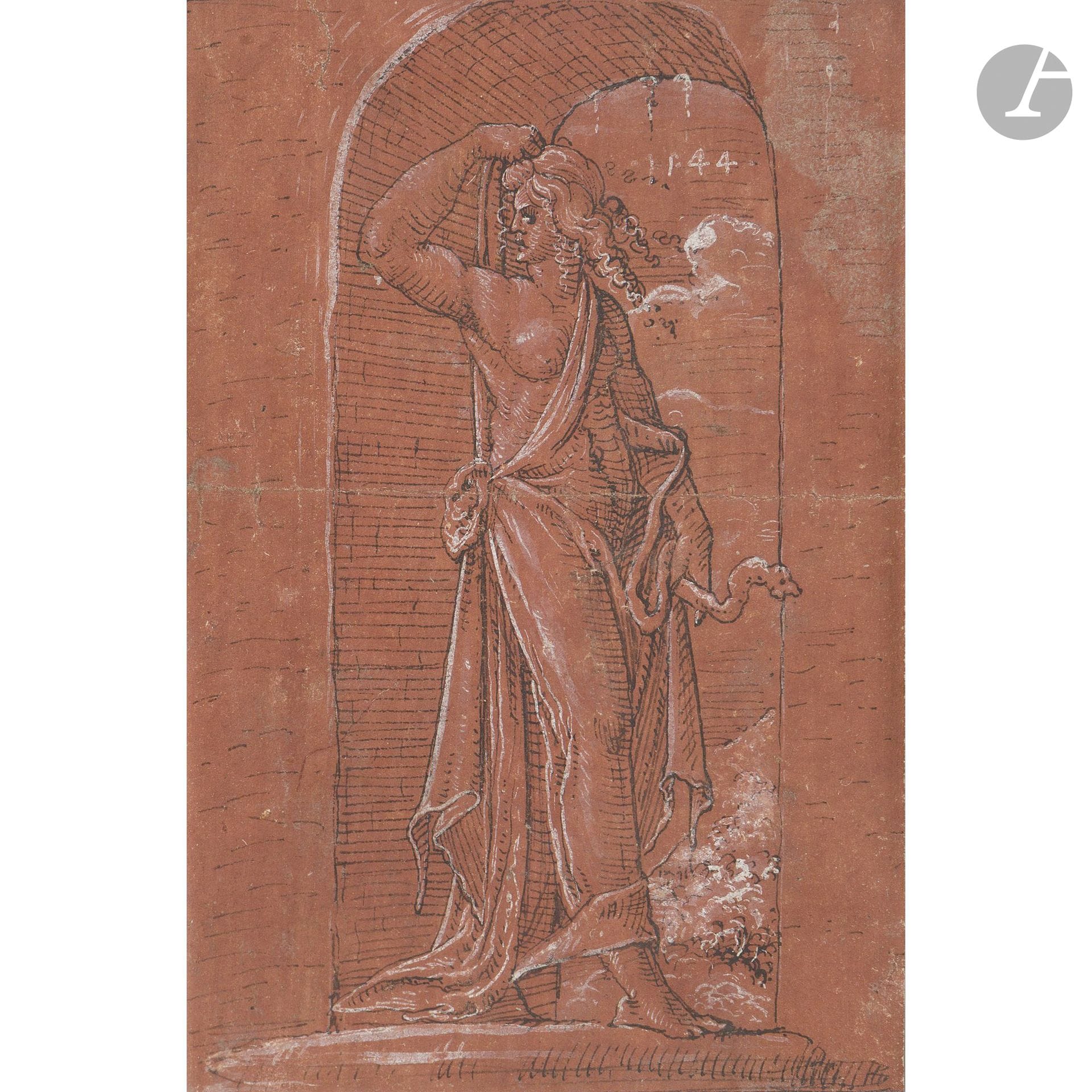 16th-CENTURY GERMAN SCHOOL
Allegory of Prudence
Black ink with highlights of white gouache on red-primed paper.
Bears a date in white gouache at the top: “1544.”
(Horizontal center fold).
13.2 x 8.7 cm

Provenance:
- Former collection of Karl Eduard von Liphart; his collection stamp at the bottom center on the reverse (Lugt 1687).
- Former collection of Freiherr Reinhold von Liphart; his collection stamp is in the upper right corner on the reverse (Lugt 1758).
- Gerda Bassenge Gallery, Berlin-Grunewald, no. 6535, purchased on November 27, 2015.