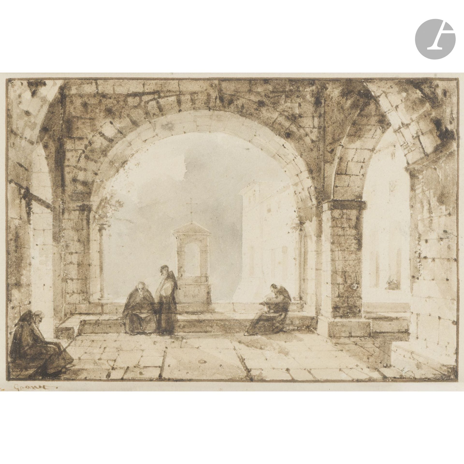 François-Marius GRANET 
(Aix-en-Provence 1775–1849)
Monks in a Cloister
Pen and bister and gray wash.
Signed lower left.
11.4 x 16.3 cm
