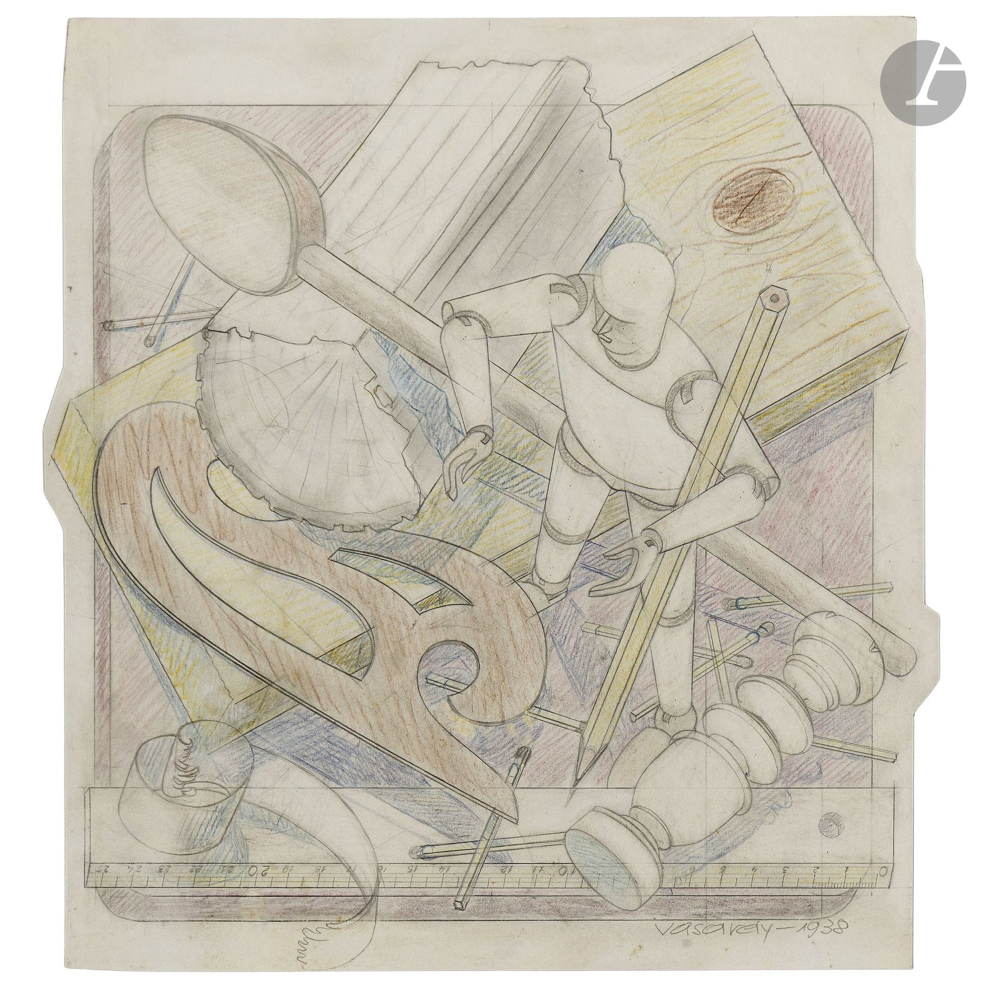 Victor VASARELY (1906–1997)
Composition with Instruments, 1938
Graphite and colored pencils.
Signed and dated lower right.
30.5 x 27.5 cm