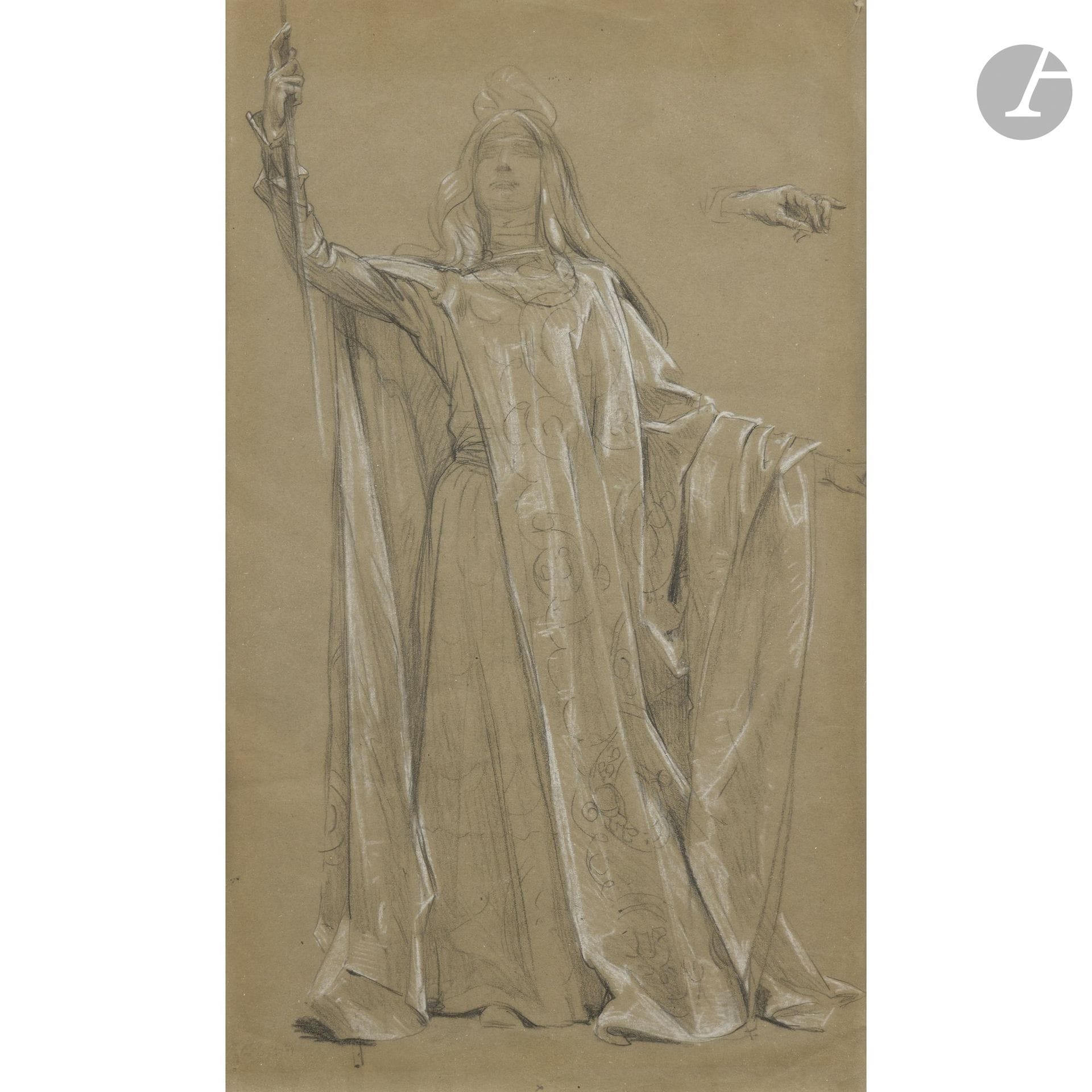 Georges CLAIRIN (1843–1919)
Sarah Bernhardt as Joan of Arc
Black pencil and white chalk.
Signed lower left (slightly faded).
(Creases).
45 x 26.5 cm

Provenance:
Jean Adhémar Collection, Paris. Passed down through the family.