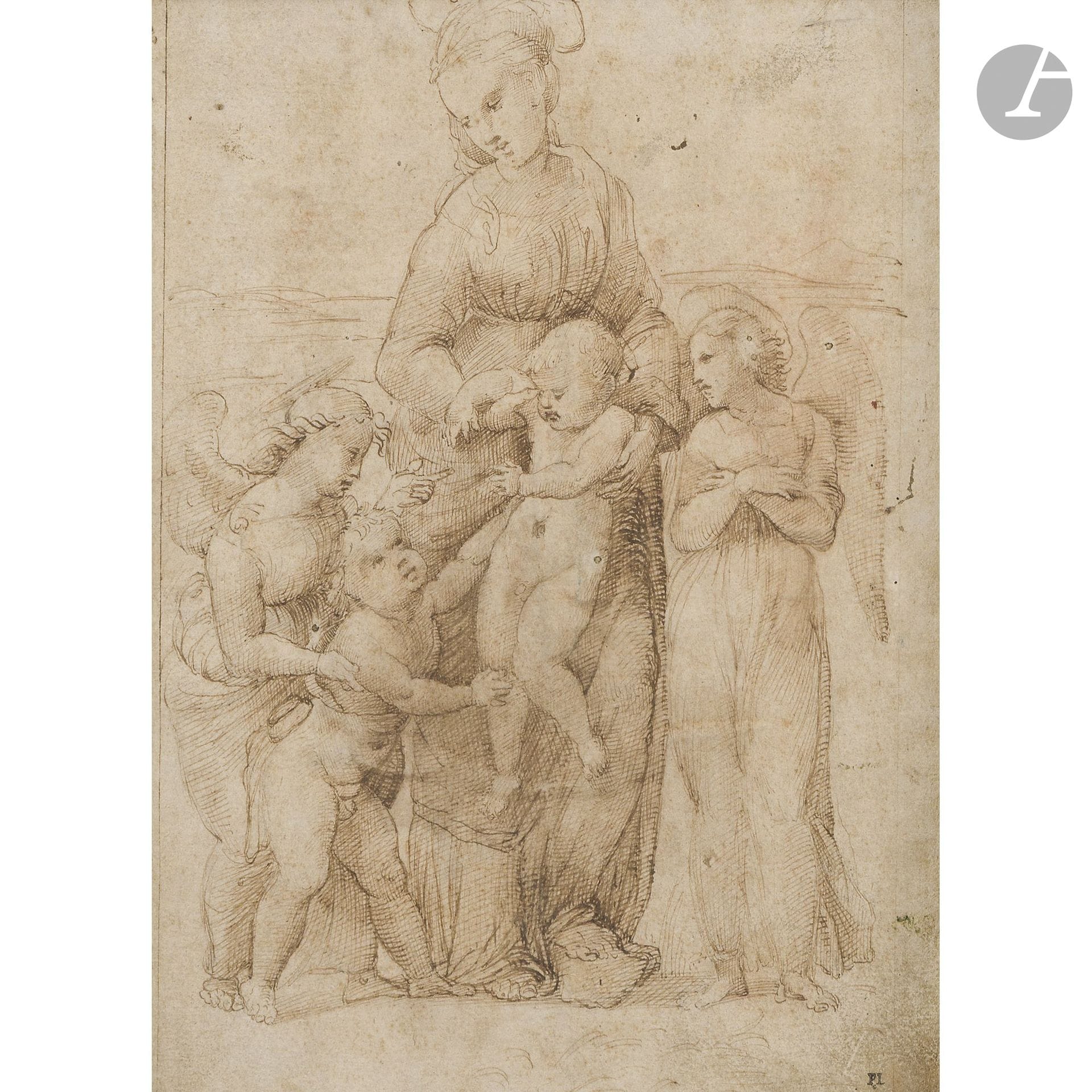 Follower of Raphael SANZIO 
(Urbino 1483 – Rome 1520)
Virgin and Child with Saint John the Baptist and Angels
Pen and brown ink, rubbed with red chalk.
(Vertical center fold, paper wear, sun-faded, small holes, and small stains).
25.5 x 18.5 cm

Provenance:
- Formerly in the collection of Sir Peter Lely; his seal in the lower right corner (Lugt 2092).
- Sotheby’s auction, London, January 29, 1964, lot 187 (purchased by The Very Rev. Bryan Houghton).