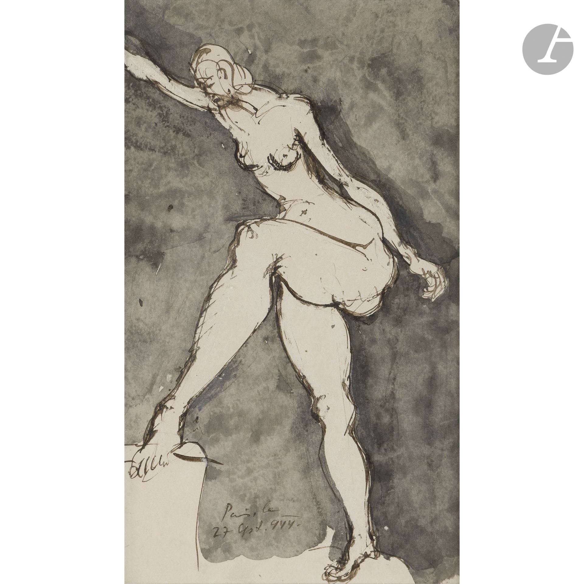 Gyula HALASZ, known as BRASSAÏ (1899–1984)
Nude Woman Viewed from the Front with Right Arm Raised, 1921
Ink and ink wash.
Signed and dated at the bottom: “Paris, October 27 [?]”.
31 x 17.5 cm

Provenance: 
Millon &amp; Associés auction, Brassaï, October 2, 2006, Drouot-Montaigne, Paris, lot 308.